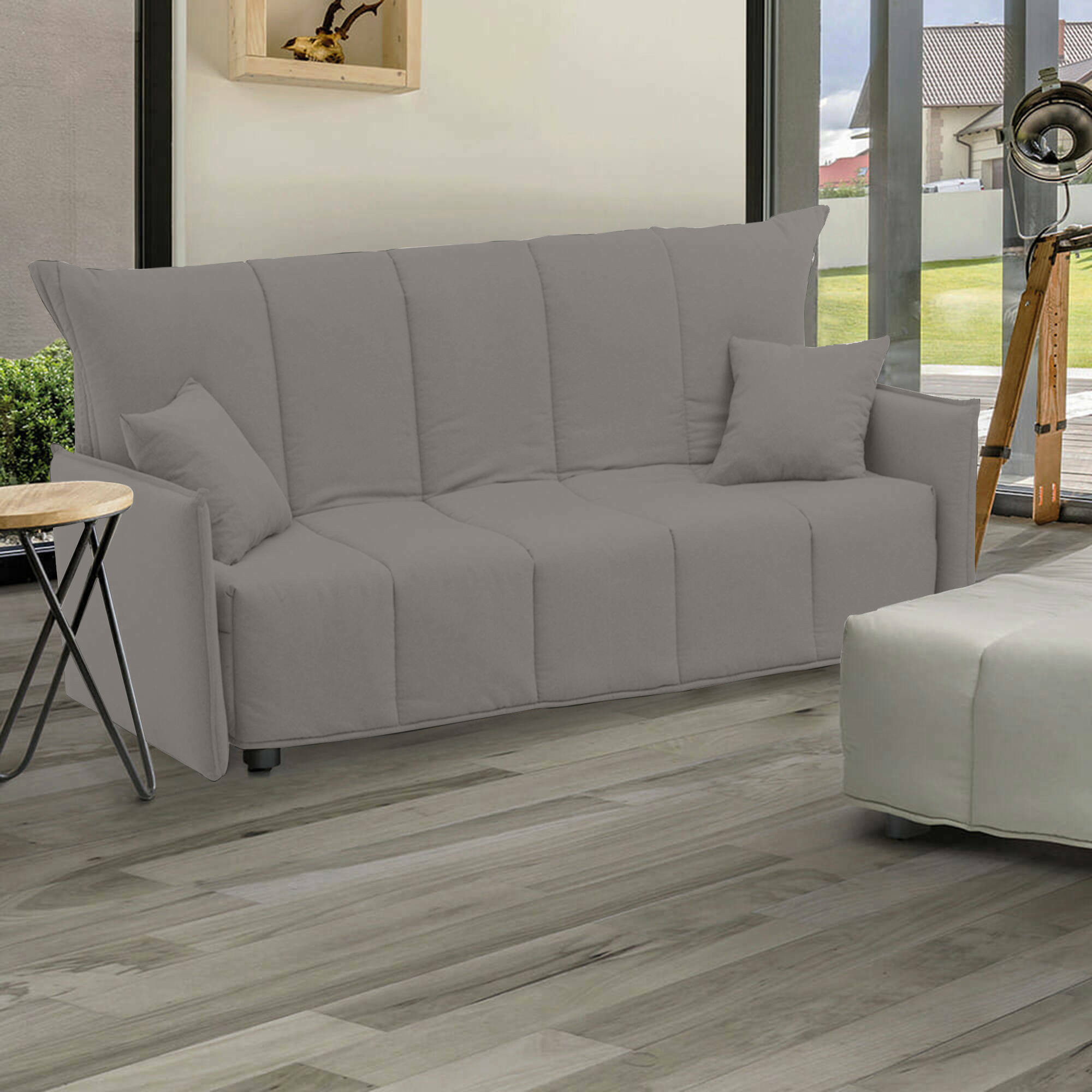 Divano Letto Antal, Divano a 3 posti, Made in Italy, SofÃ  Soggiorno con apertura a carrello con apertura a carrello, in tessuto imbottito, con cuscini inclusi, cm 165x90h85, colore Grigio