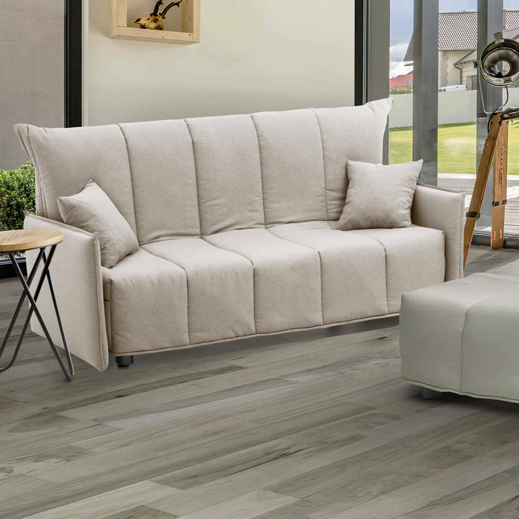 Divano Letto Alaric, Divano a 2 posti, Made in Italy, SofÃ  Soggiorno con apertura a carrello con apertura a carrello, in tessuto imbottito, con Braccioli standard, cm 150x90h85, colore Beige