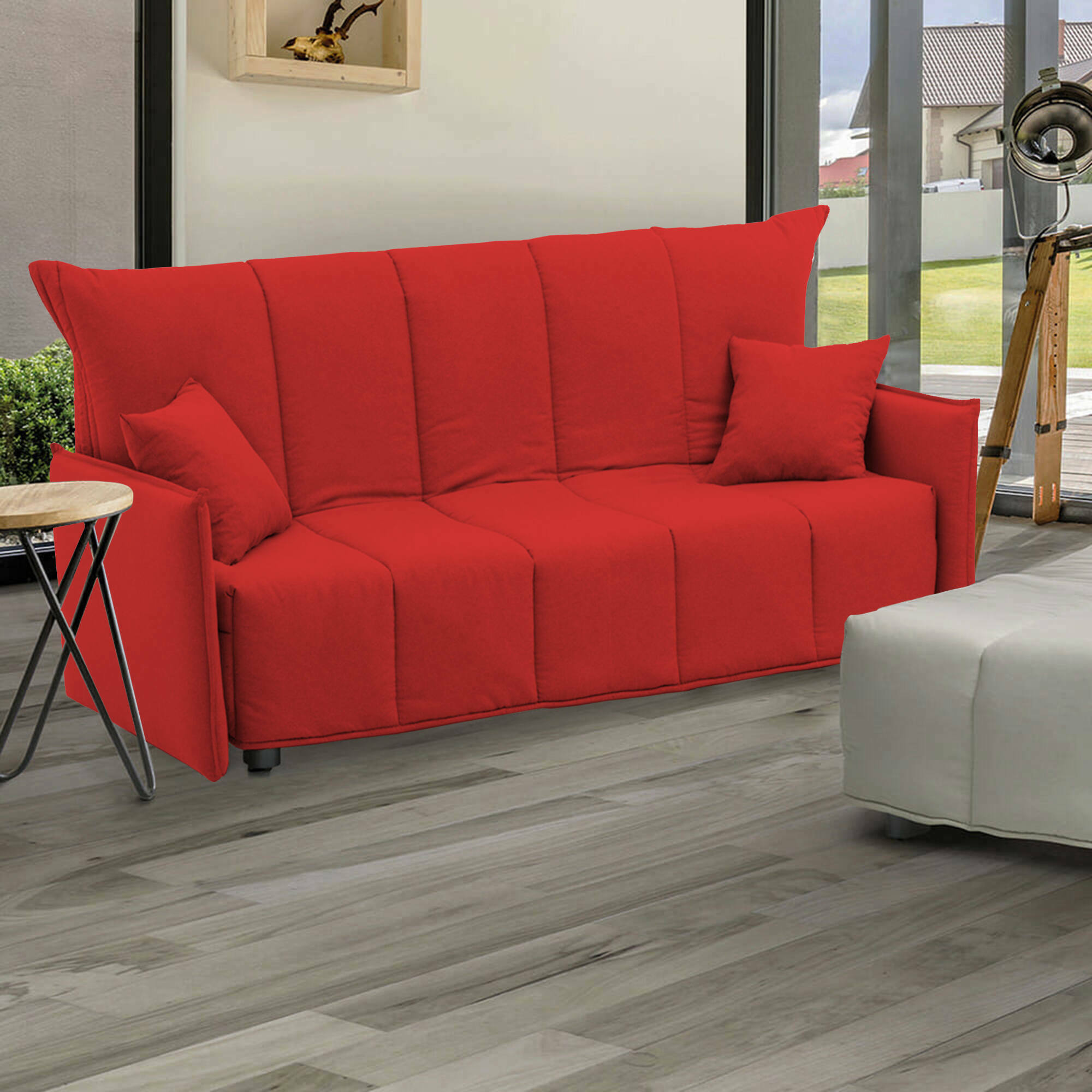 Image of Divano Letto Alaric, Divano a 2 posti, Made in Italy, SofÃ  Soggiorno con apertura a carrello con apertura a carrello, in tessuto imbottito, con Braccioli standard, cm 150x90h85, colore Rosso