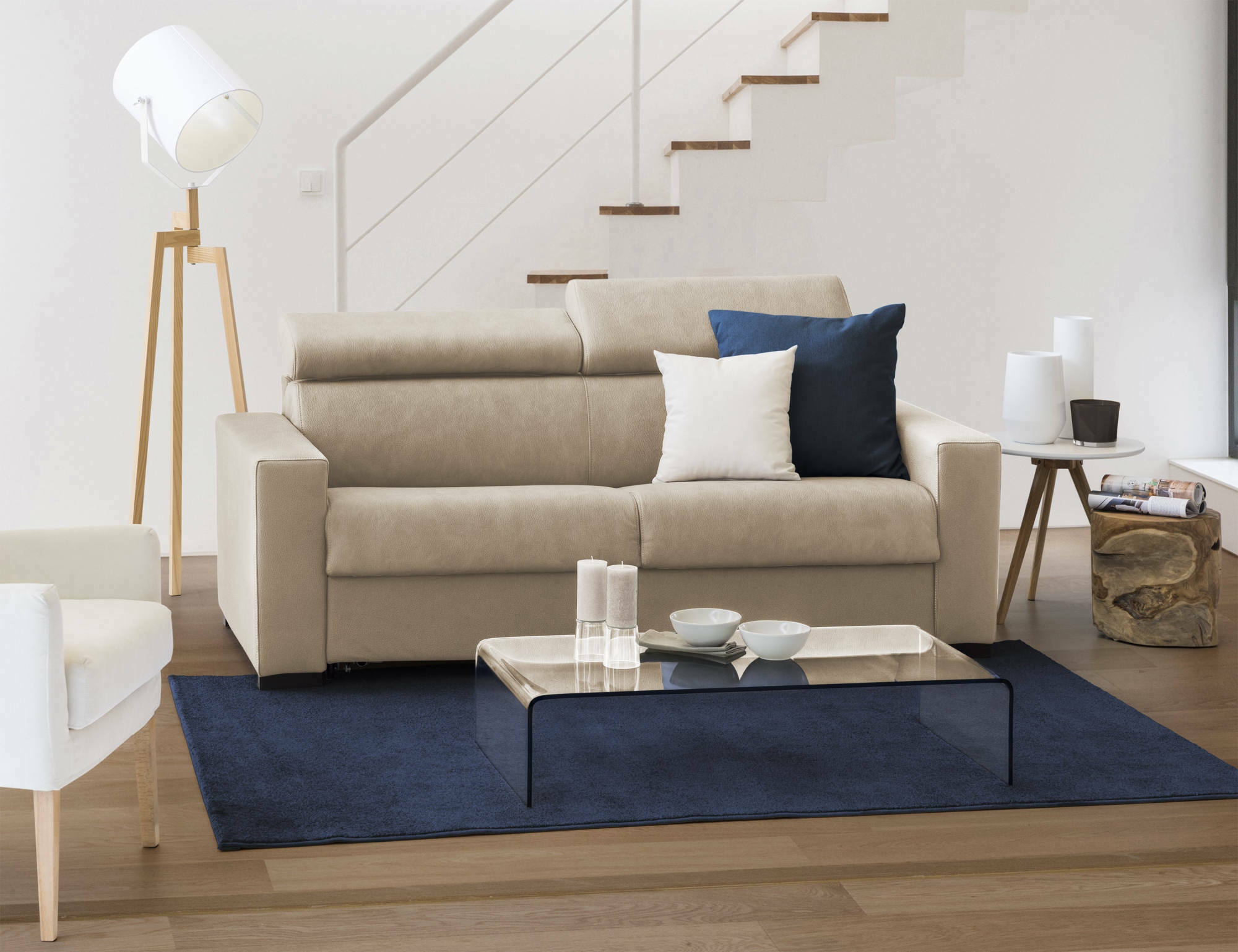 Divano Letto Aieie, Divano a 2 posti Large, Made in Italy, SofÃ  Soggiorno con apertura girevole, con poggiatesta regolabili e Braccioli slim, cm 180x95h85, Beige