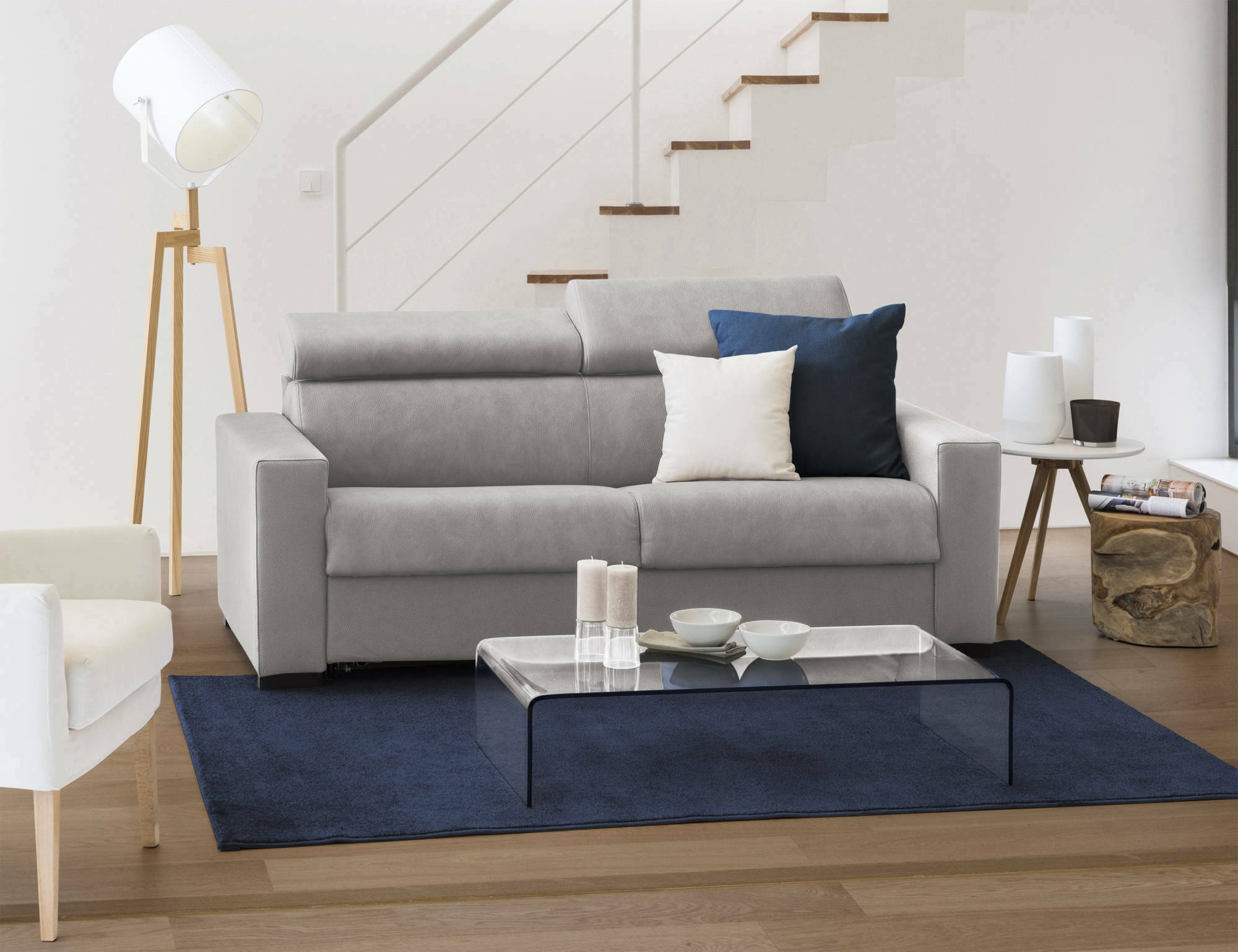 Image of Divano Letto Action, Divano a 3 posti, Made in Italy, SofÃ  Soggiorno con apertura girevole, con poggiatesta regolabili e Braccioli standard, cm 220x95h85, Grigio