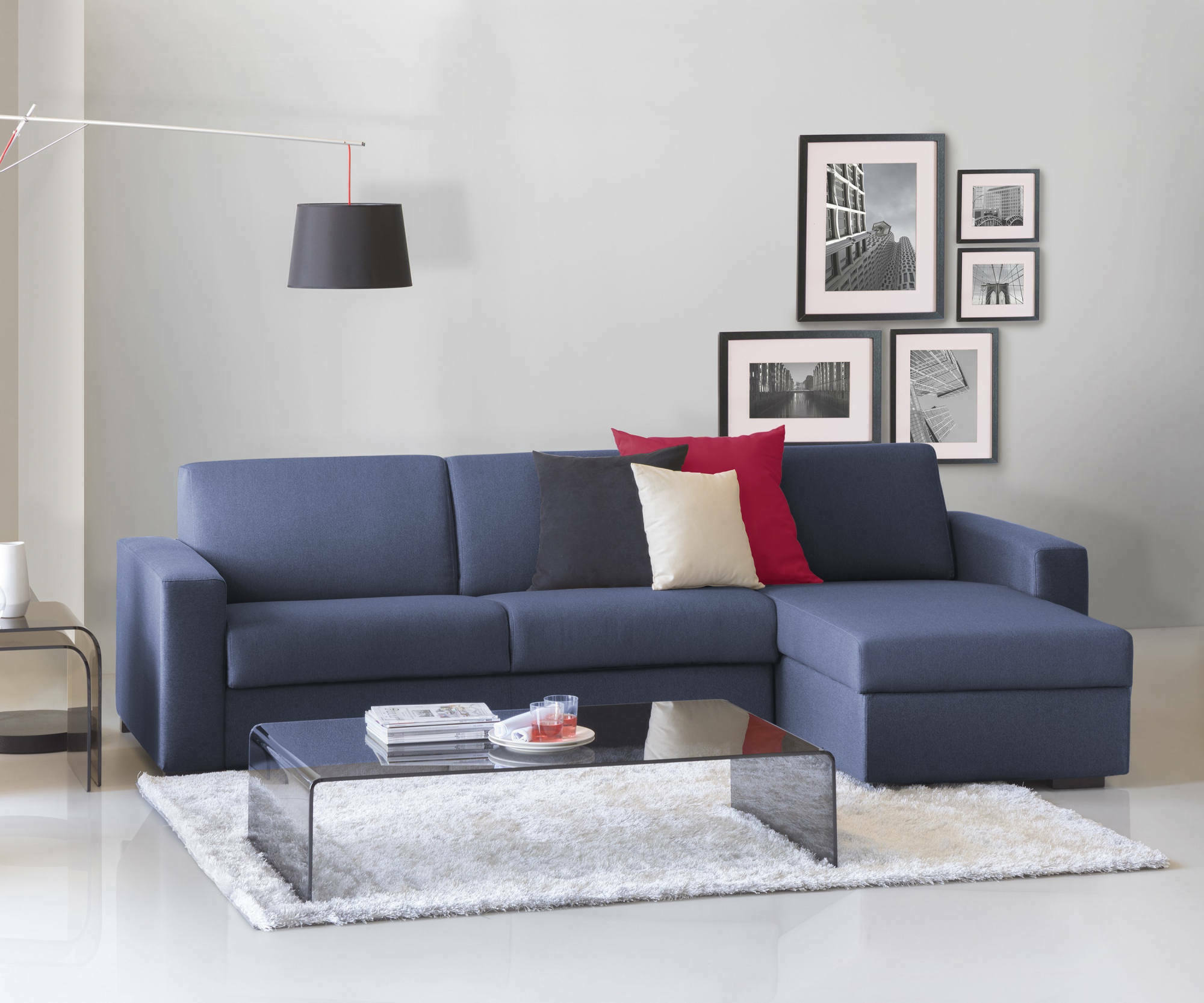 Divano fisso Atos, Divano ad angolo, Made in Italy, SofÃ  Soggiorno, con Penisola contenitore reversibile, in tessuto imbottito, con Braccioli standard, cm 280x95h90, Blu
