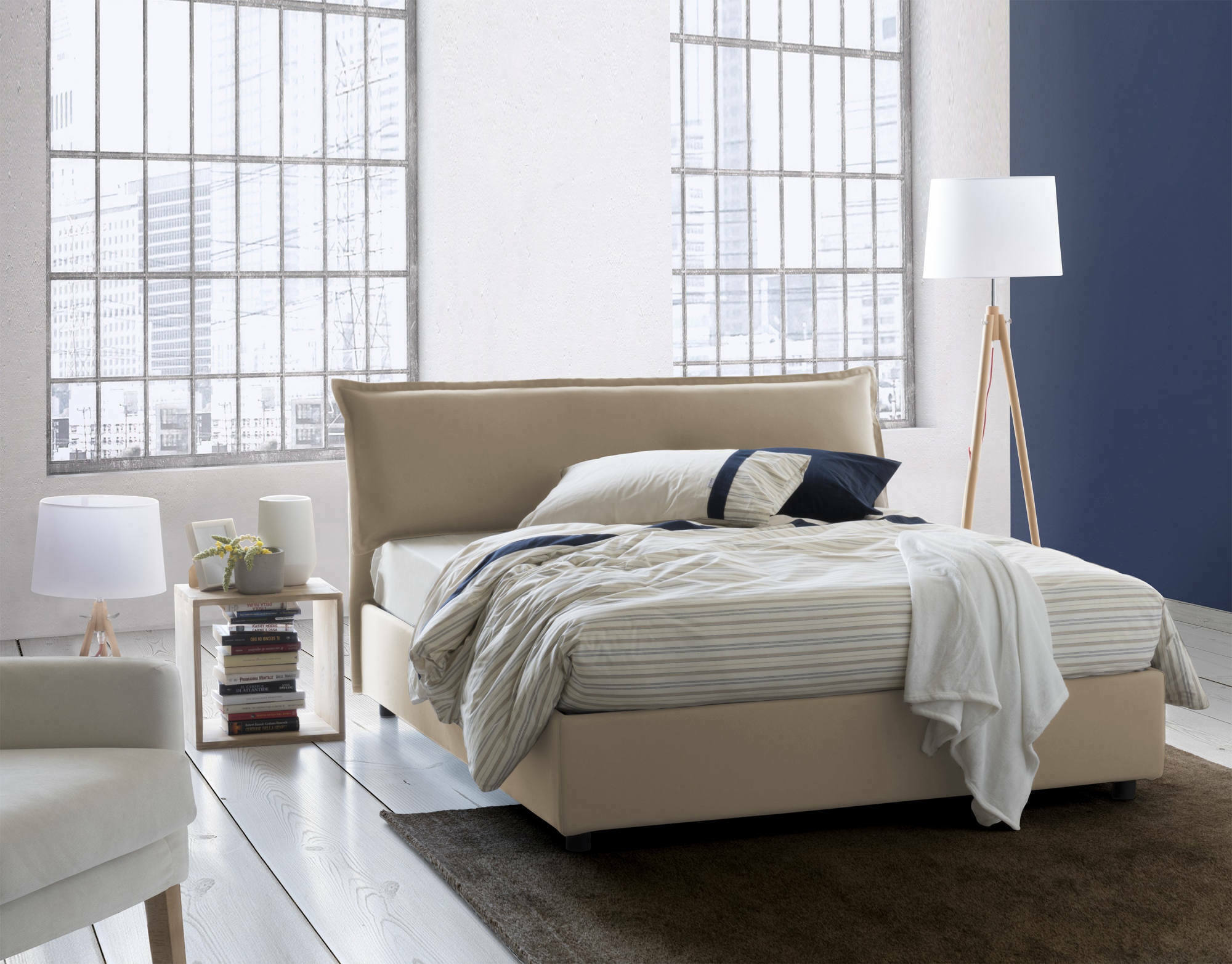 Image of Letto matrimoniale Andyymion, Letto contenitore sfoderabile con testiera e giroLetto contenitore imbottiti, Made in Italy, adatto per materasso 160x190 cm, Beige