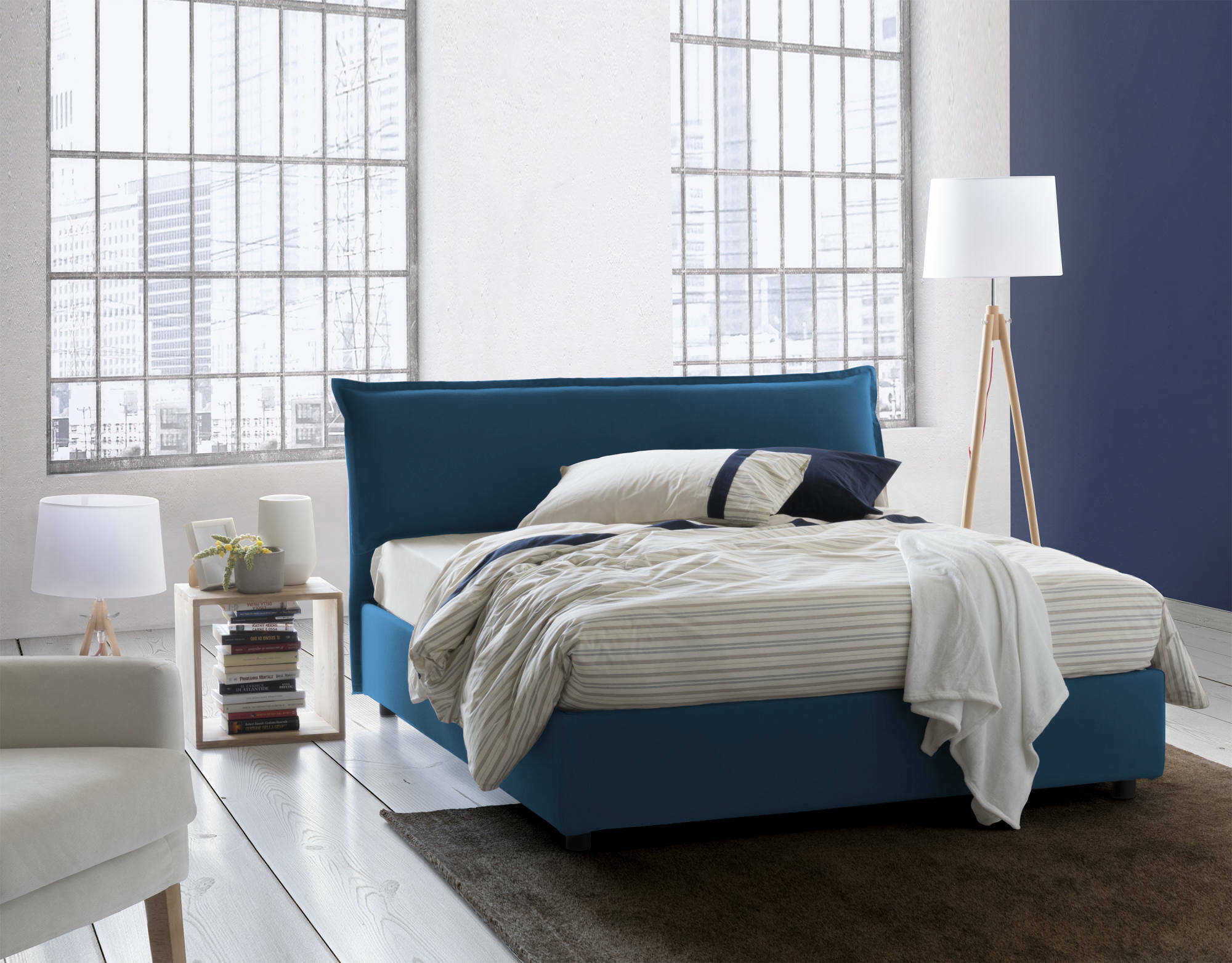 Letto matrimoniale Aishia, Letto contenitore sfoderabile con testiera e giroLetto contenitore imbottiti, Made in Italy, con materasso 160x200 cm incluso, Blu