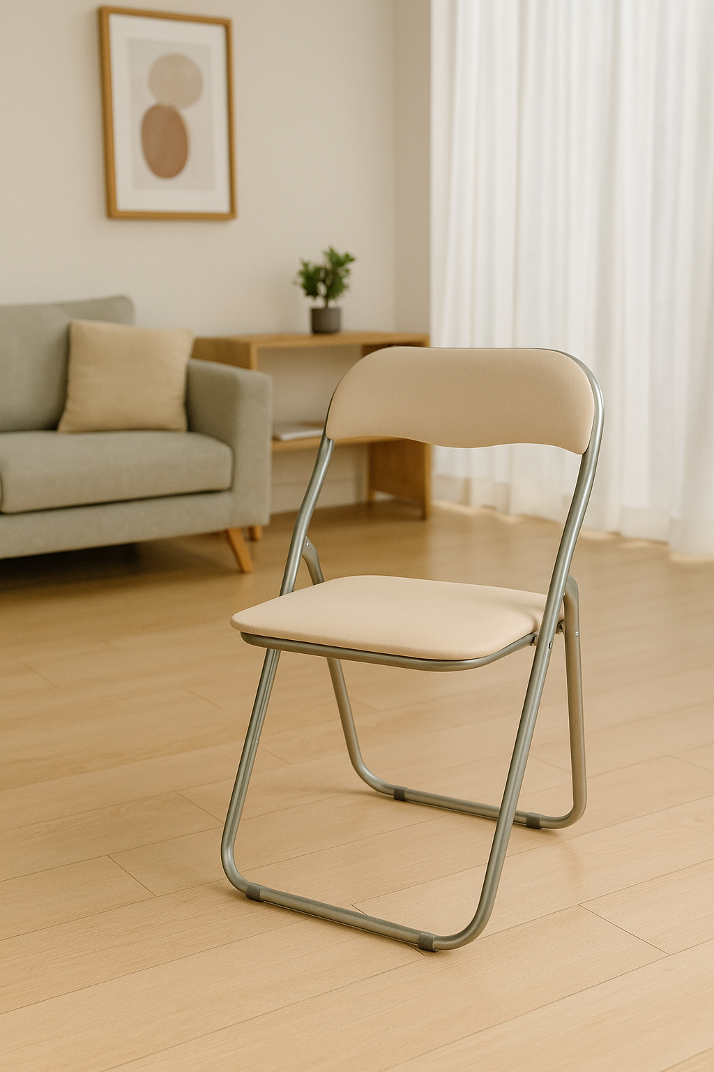 Image of Sedia pieghevole Antenore, Sedia salvaspazio, Sedia per ospiti, Seduta per riunioni in simil ecopelle, 43x47h80 cm, Beige