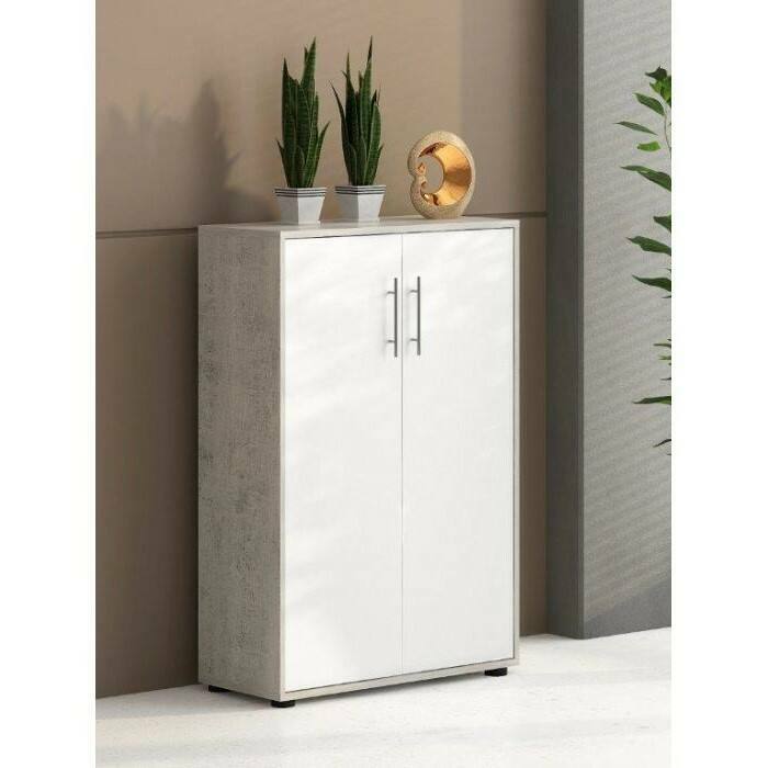 Armadio multiuso Angie, Mobile ausiliario con ripiani, Armadio lineare, Guardaroba Portascarpe, portaoggetti, Bianco e Cemento, cm 79x34h118
