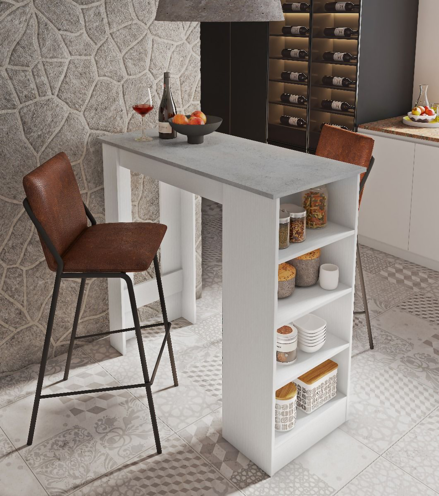 Tavolo fisso 0, Tavolo penisola da cucina con ripiani, Tavolino ausiliare, da bar, Cm 112x50h106, Bianco e Cemento