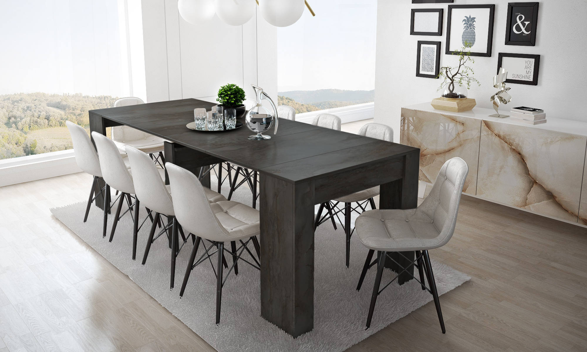 Image of Tavolo da pranzo moderno, Consolle allungabile fino a 10 posti, Misure 90 x 51 x 77 cm (fino a 237 con allunghe), Colore Antracite - Ossido