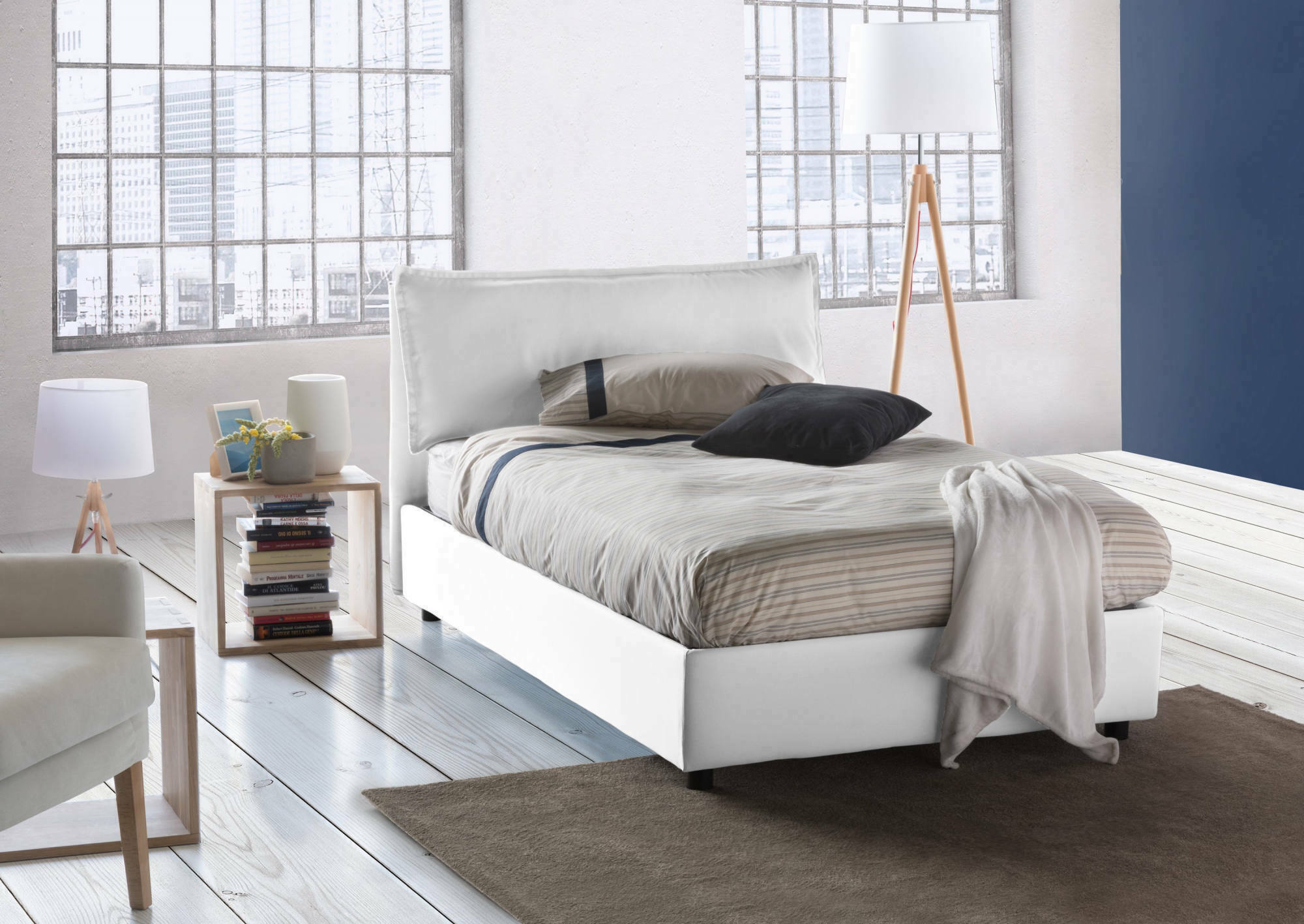 Letto piazza e mezza Abbygale, Letto contenitore con rivestimento in tessuto, Made in Italy, Apertura frontale, con materasso cm 120x200 incluso, Bianco