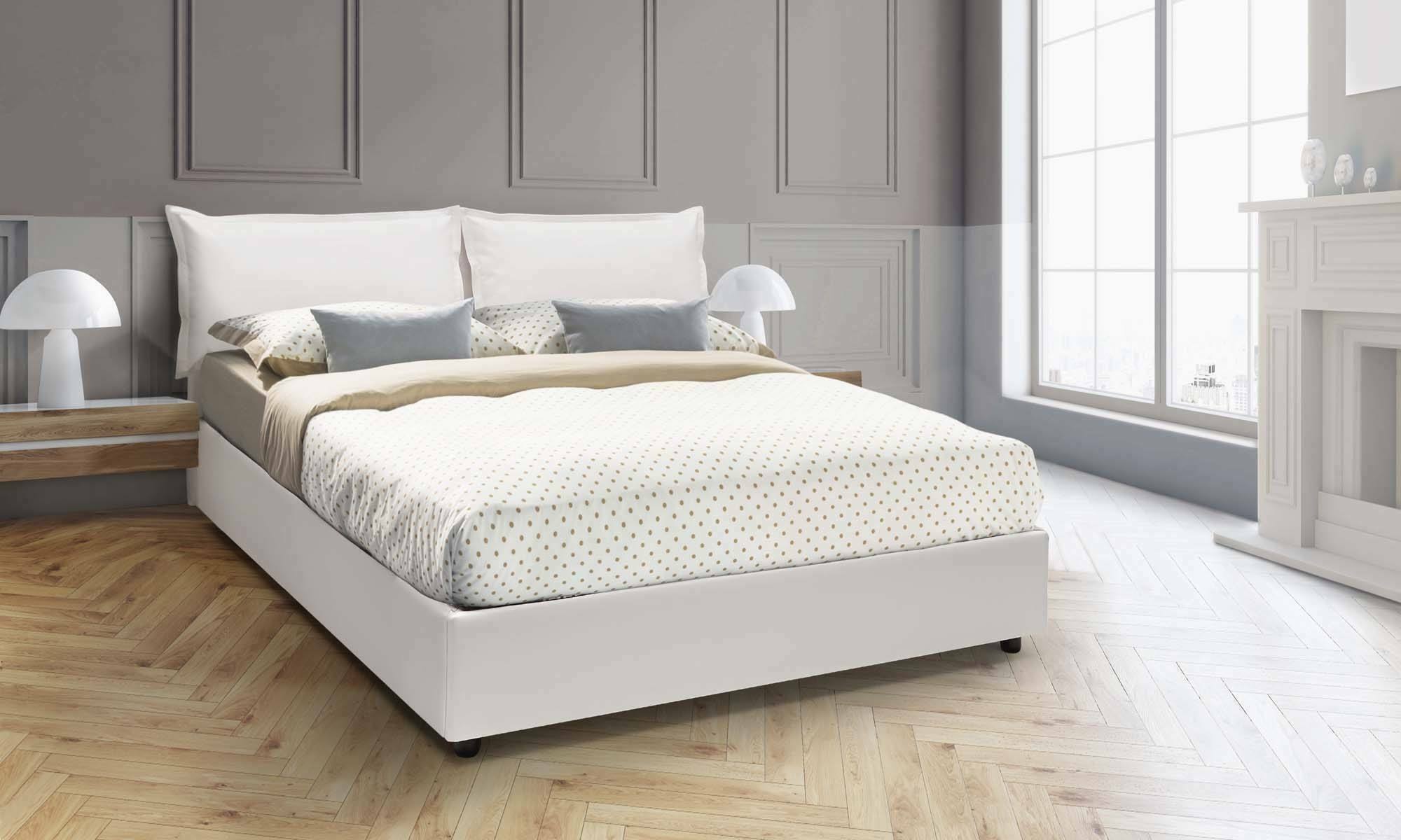 Letto matrimoniale Asler, Letto contenitore con rivestimento in ecopelle, Made in Italy, Apertura frontale, adatto per materasso cm 140x200, Bianco