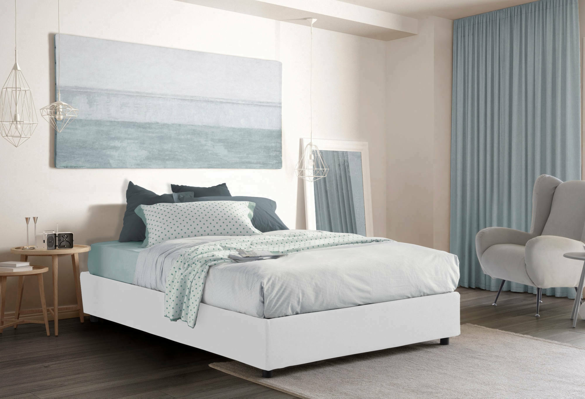 Image of Letto matrimoniale Arto, Letto contenitore con rivestimento in tessuto, Made in Italy, Apertura frontale, con materasso cm 140x190 incluso, Bianco