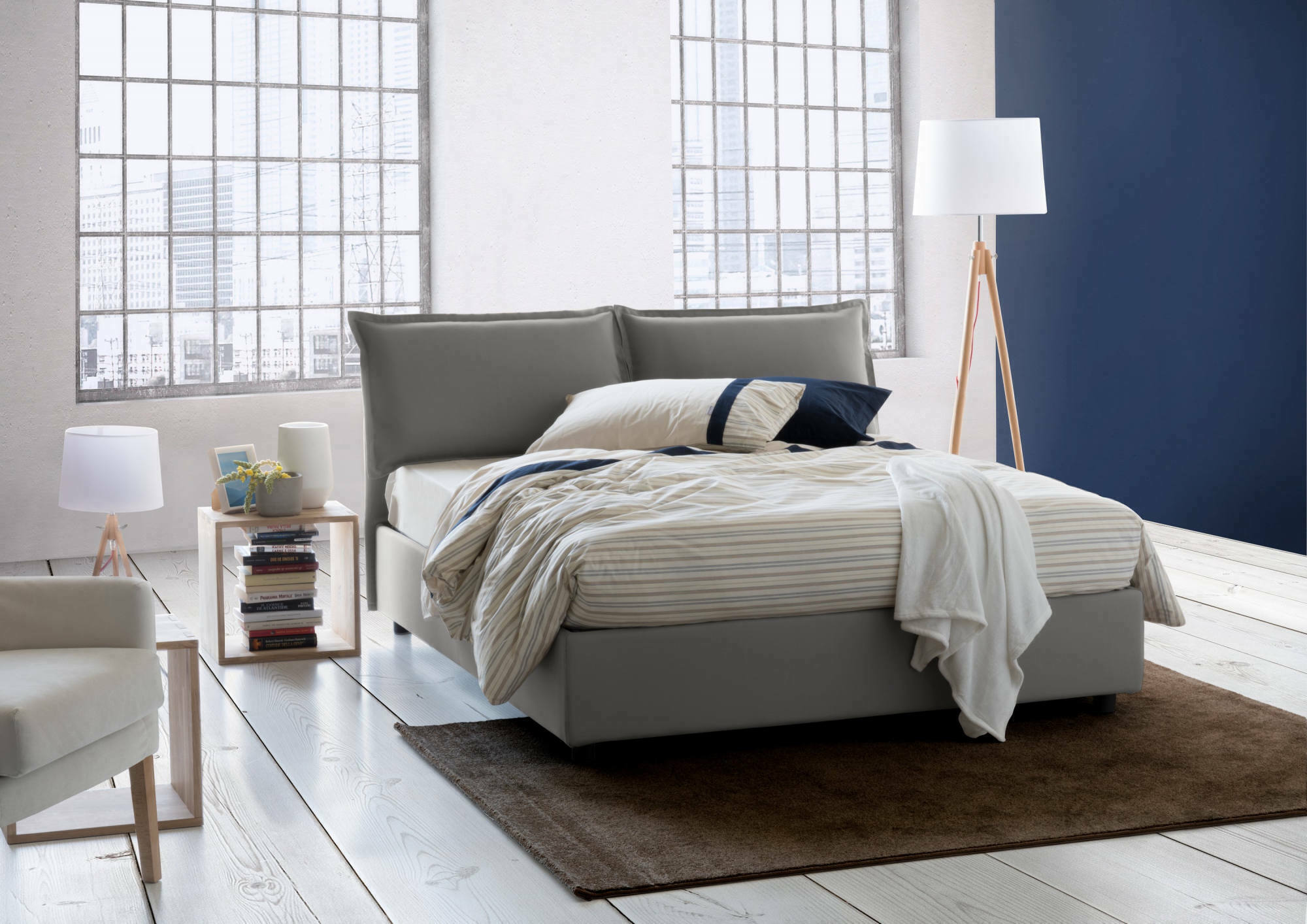 Letto matrimoniale Arden, Letto contenitore con rivestimento in tessuto, Made in Italy, Apertura frontale, con materasso cm 140x190 incluso, Grigio