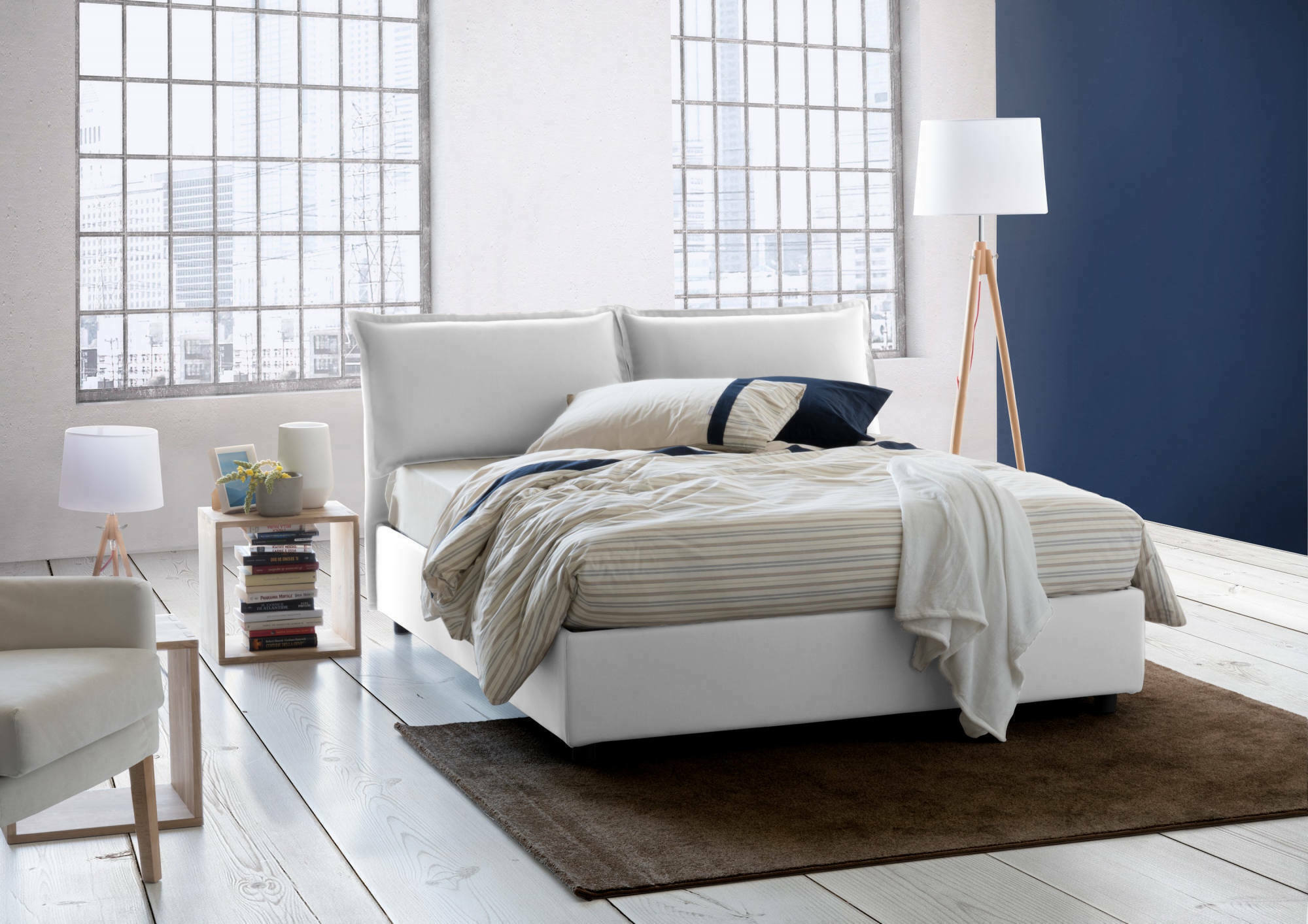 Letto matrimoniale Arden, Letto contenitore con rivestimento in tessuto, Made in Italy, Apertura frontale, con materasso cm 140x190 incluso, Bianco