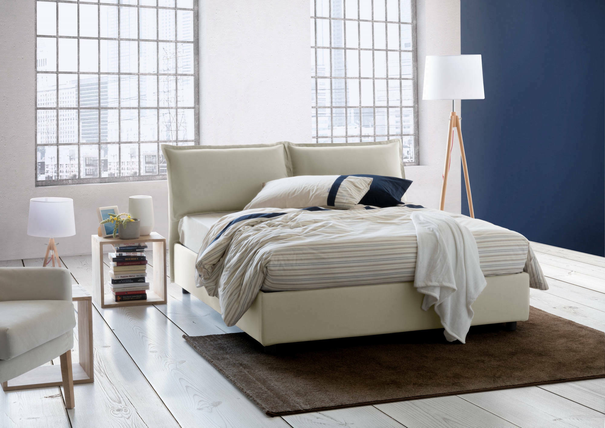 Letto matrimoniale Arden, Letto contenitore con rivestimento in tessuto, Made in Italy, Apertura frontale, con materasso cm 140x190 incluso, Beige