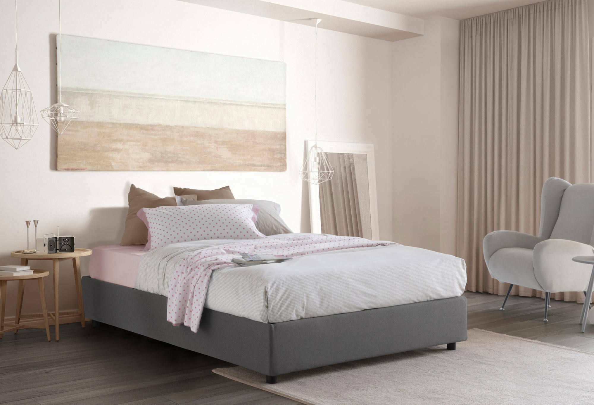 Letto matrimoniale Alaksir, Letto contenitore con rivestimento in tessuto, Made in Italy, Apertura frontale, con materasso cm 140x200 incluso, Grigio