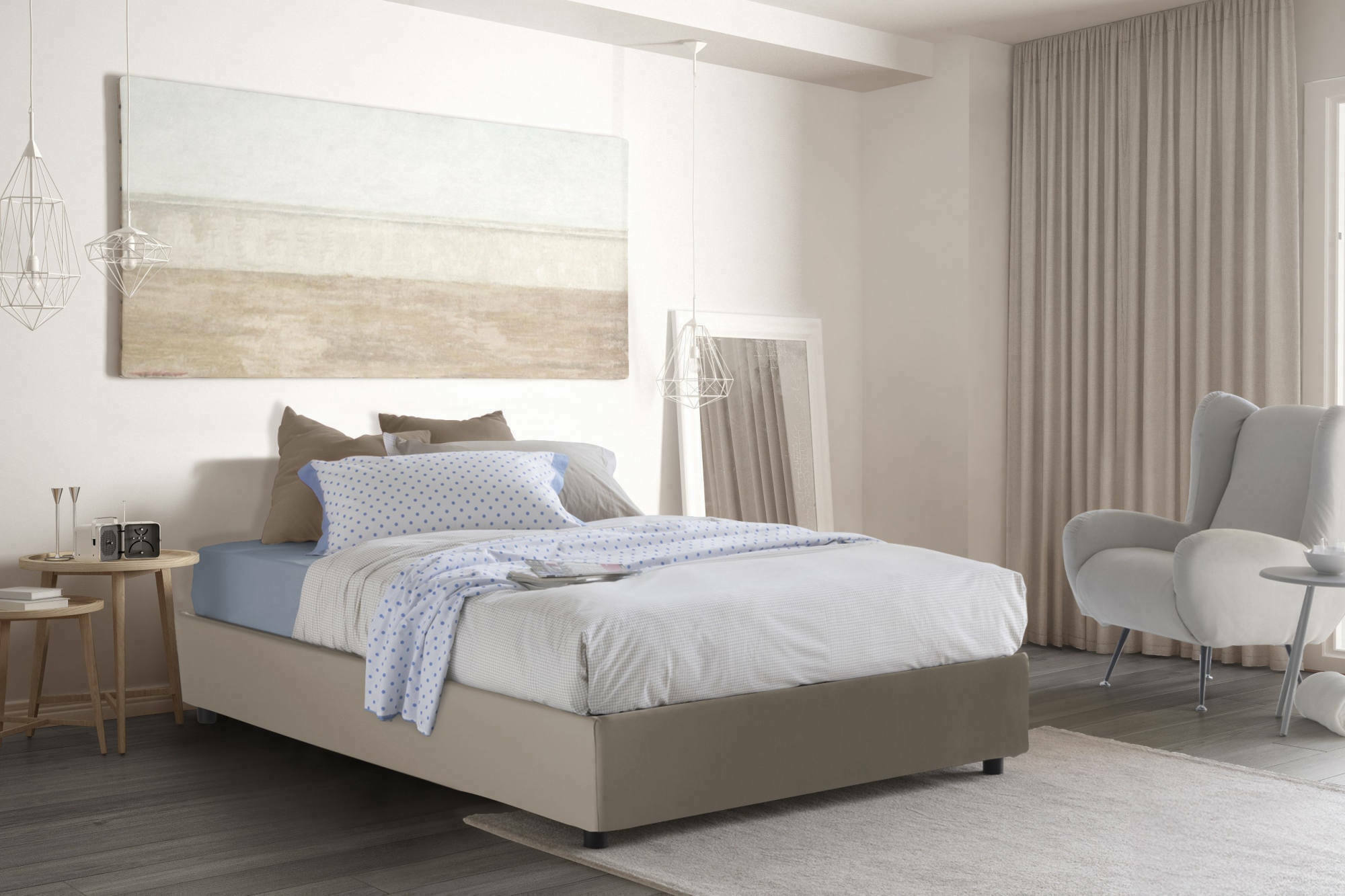 Letto piazza e mezza Americas, Letto contenitore con rivestimento in ecopelle, Made in Italy, Apertura frontale, adatto per materasso cm 120x200, Tortora