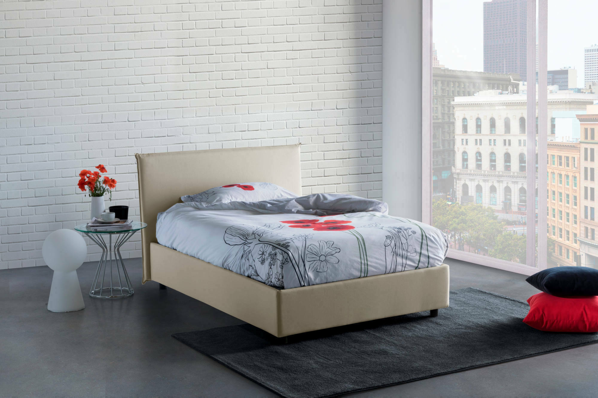 Letto piazza e mezza Alvino, Letto contenitore con rivestimento in tessuto, Made in Italy, Apertura frontale, con materasso cm 120x200 incluso, Beige