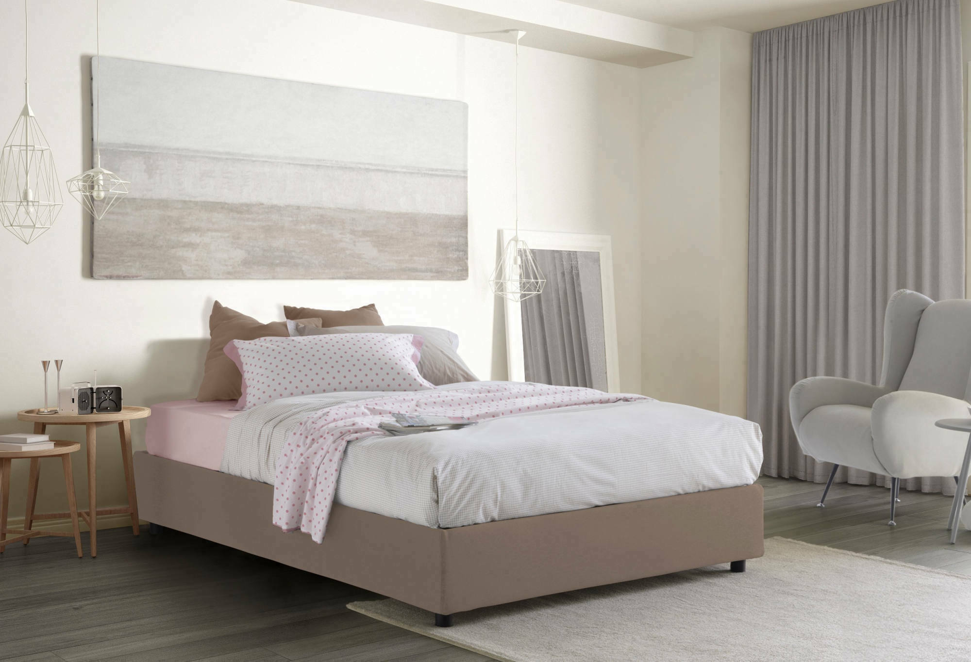 Letto matrimoniale Arto, Letto contenitore con rivestimento in tessuto, Made in Italy, Apertura frontale, con materasso cm 140x190 incluso, Tortora