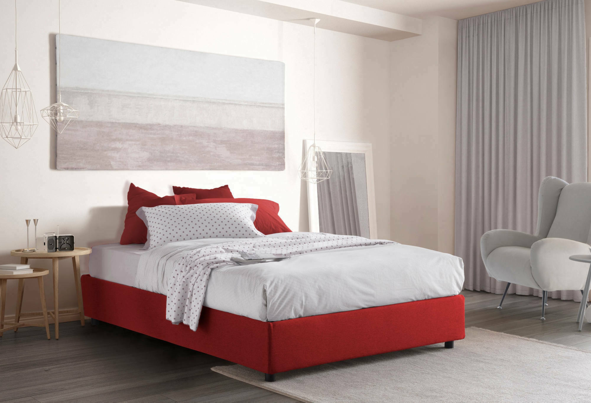 Image of Letto matrimoniale Arto, Letto contenitore con rivestimento in tessuto, Made in Italy, Apertura frontale, con materasso cm 140x190 incluso, Rosso