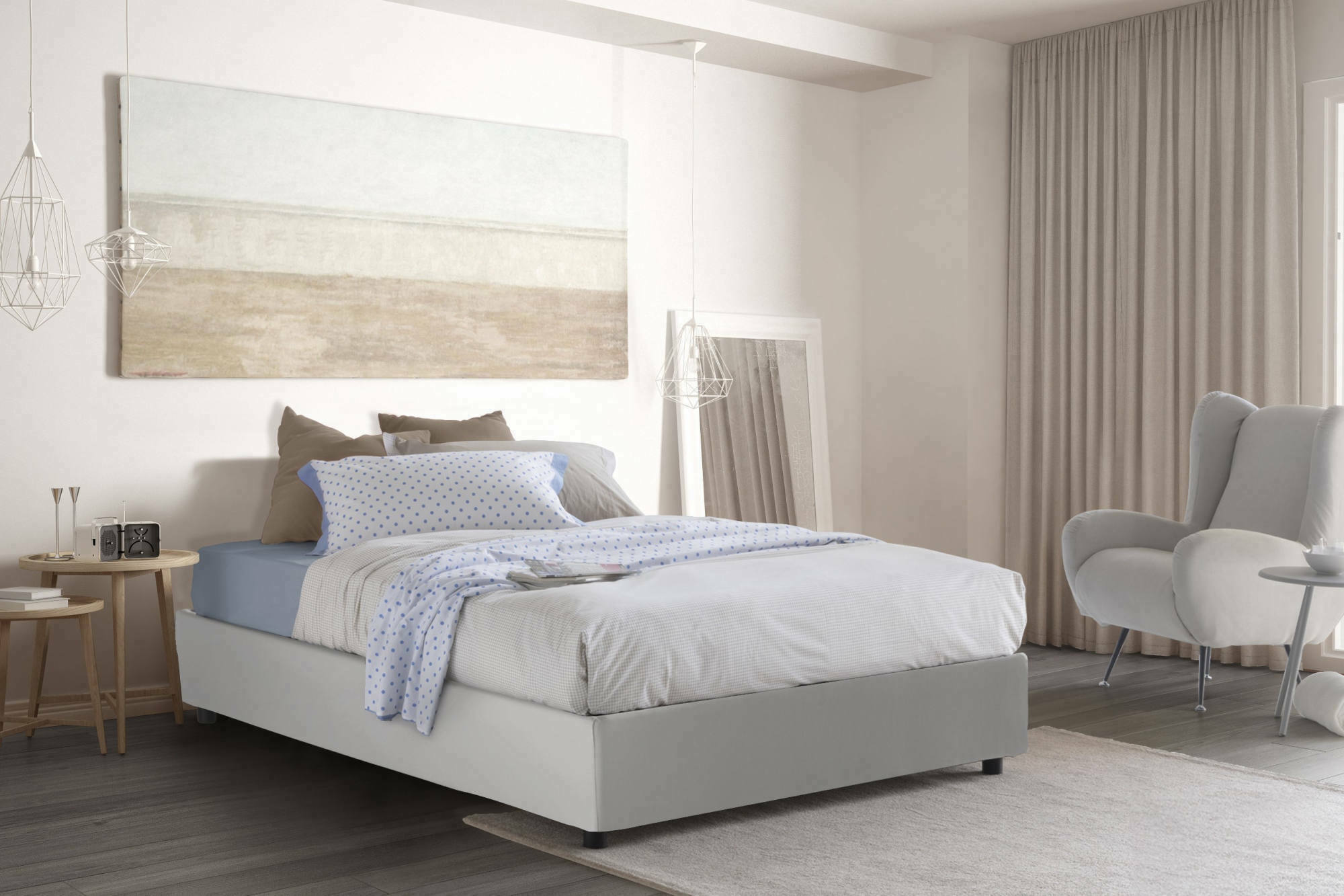 Letto matrimoniale Akemi, Letto contenitore con rivestimento in ecopelle, Made in Italy, Apertura frontale, con materasso cm 140x190 incluso, Bianco