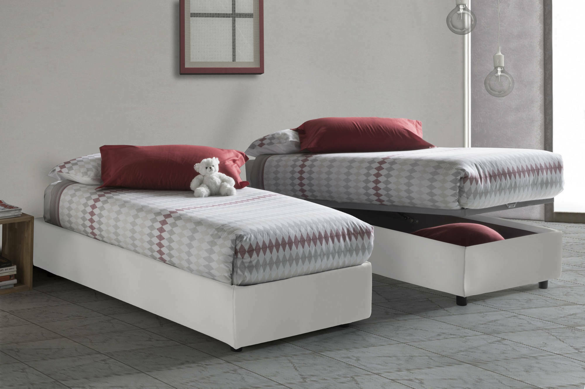Letto singolo Artesh, Letto contenitore con rivestimento in ecopelle, Made in Italy, Apertura frontale, adatto per materasso cm 80x200, Bianco