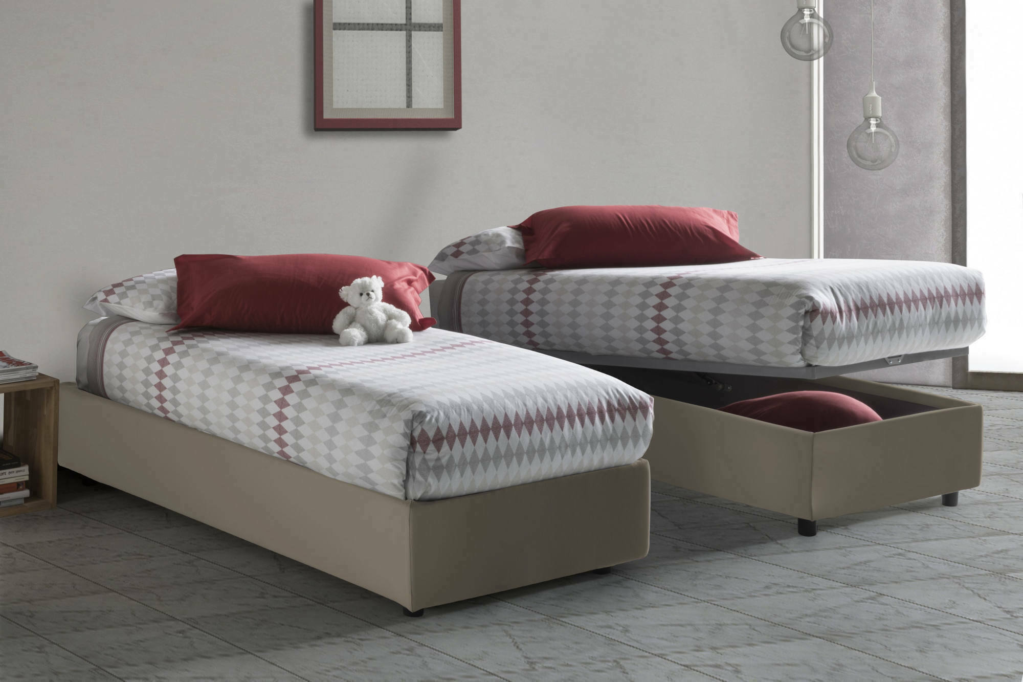 Letto singolo Nantine, Letto contenitore con rivestimento in ecopelle, Made in Italy, Apertura frontale, con materasso cm 90x190 incluso, Tortora