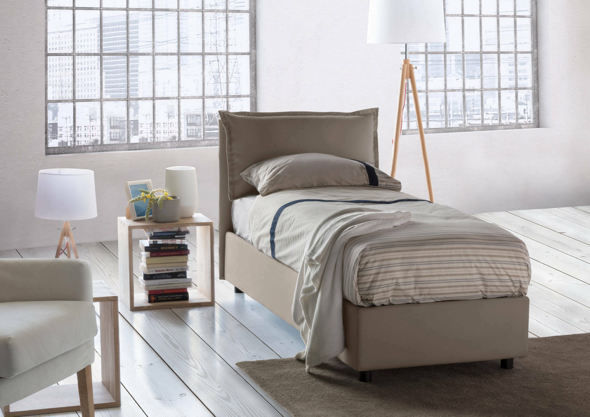 Letto singolo Animal, Letto contenitore con rivestimento in tessuto, Made in Italy, Apertura frontale, con materasso cm 90x190 incluso, Tortora