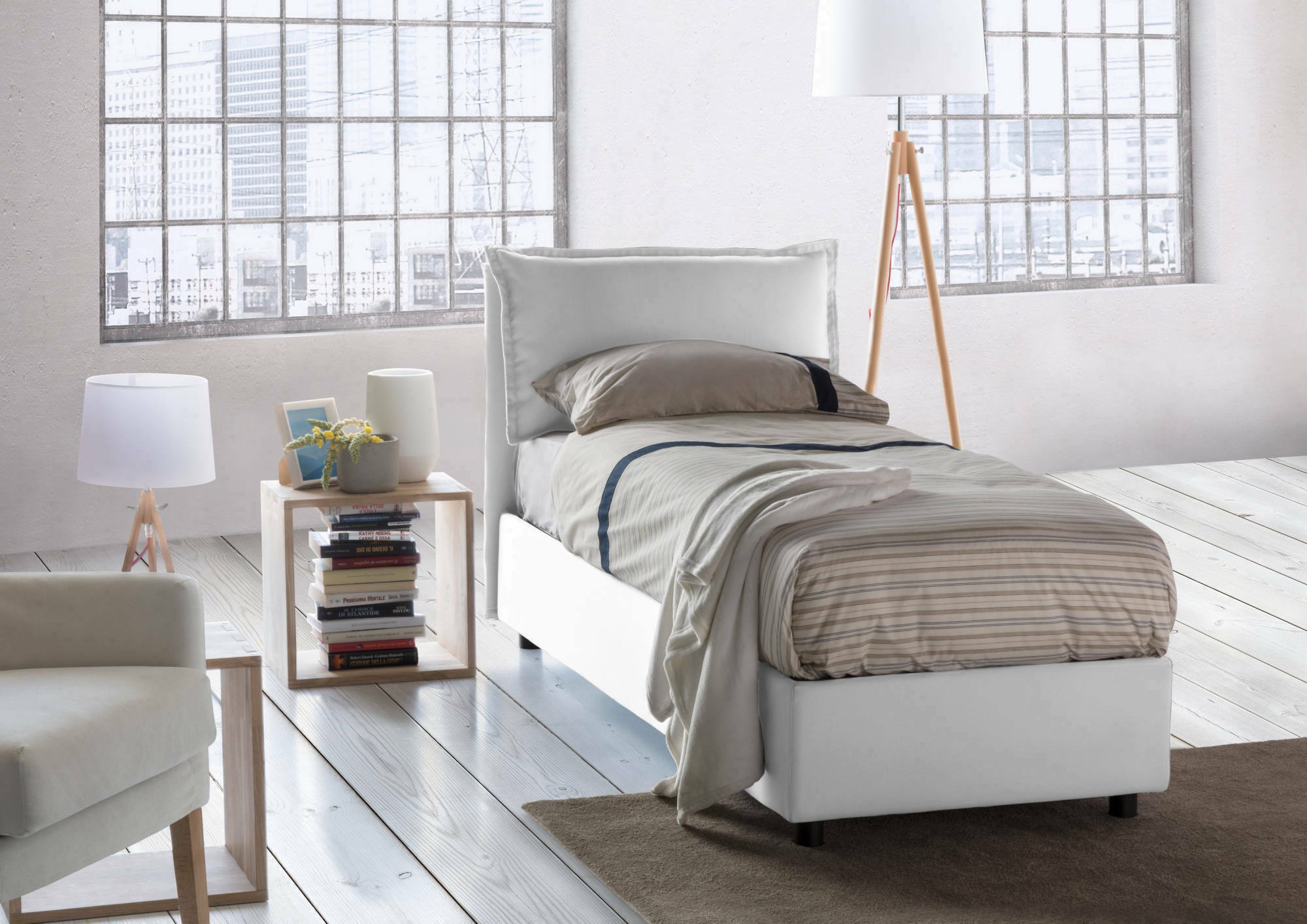 Letto singolo Animal, Letto contenitore con rivestimento in tessuto, Made in Italy, Apertura frontale, con materasso cm 90x190 incluso, Bianco