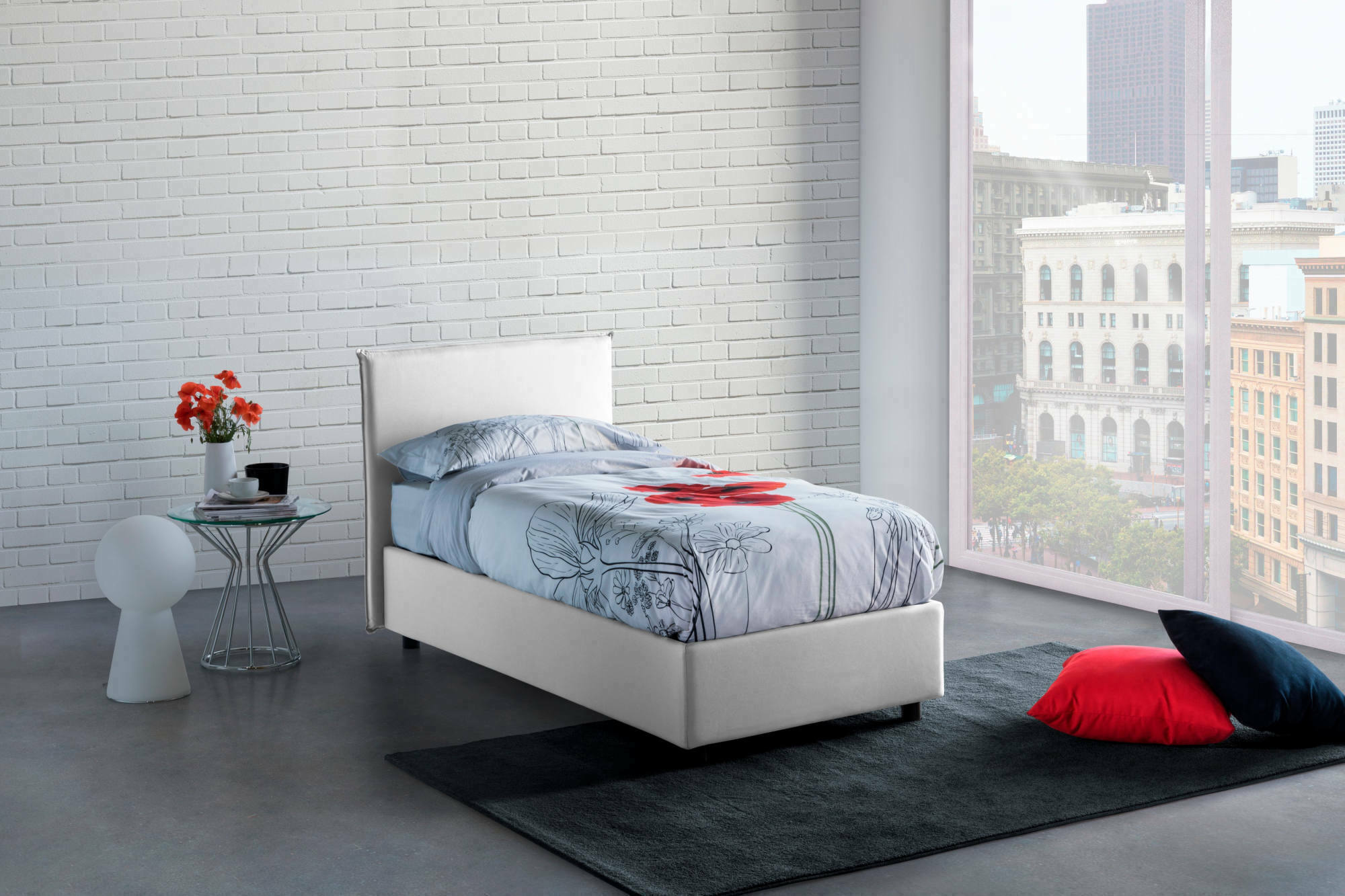 Letto singolo Arminius, Letto contenitore con rivestimento in tessuto, Made in Italy, Apertura frontale, con materasso cm 90x190 incluso, Bianco