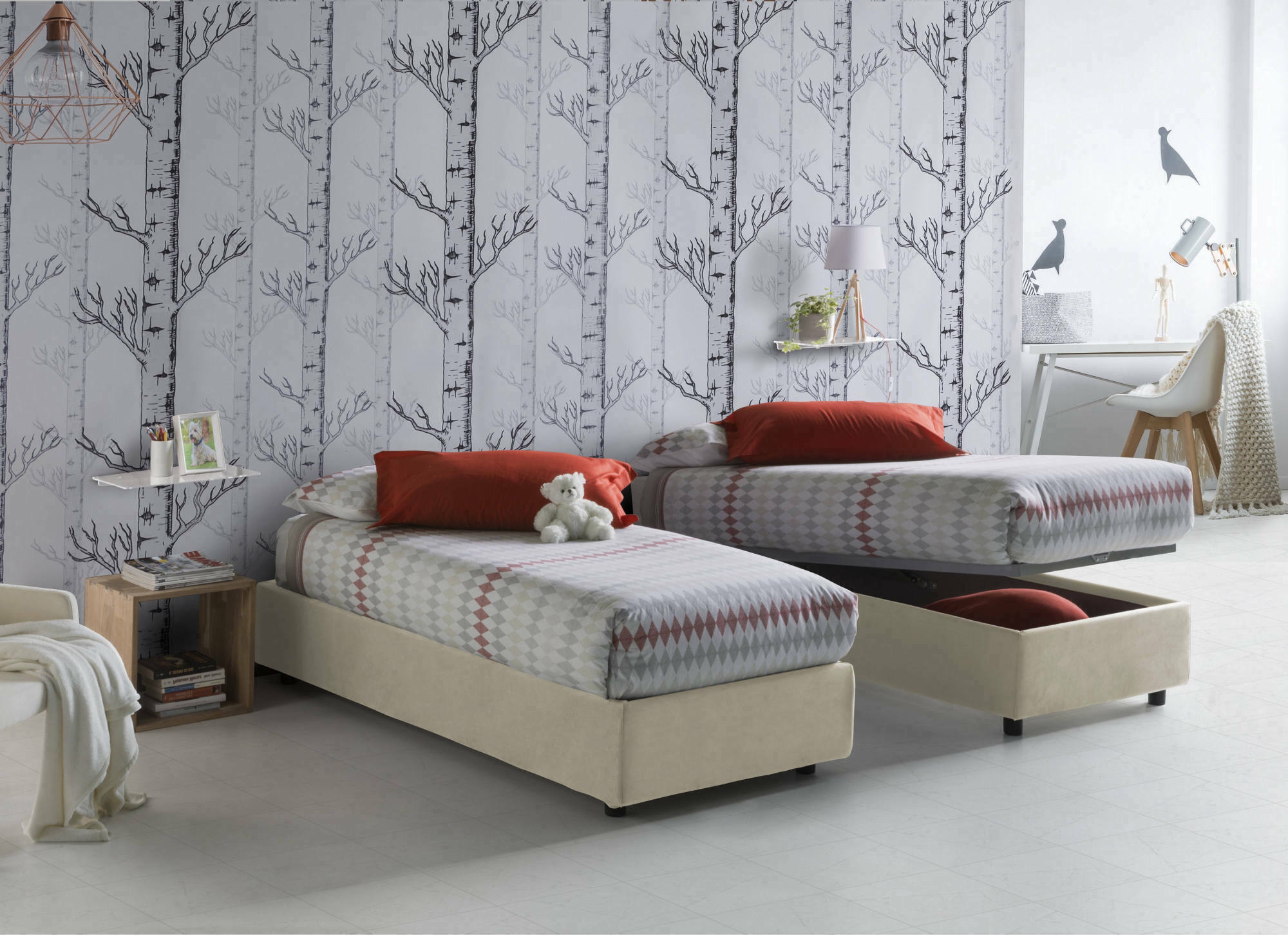 Letto singolo Aribal, Letto contenitore con rivestimento in tessuto, Made in Italy, Apertura frontale, con materasso cm 90x200 incluso, Beige