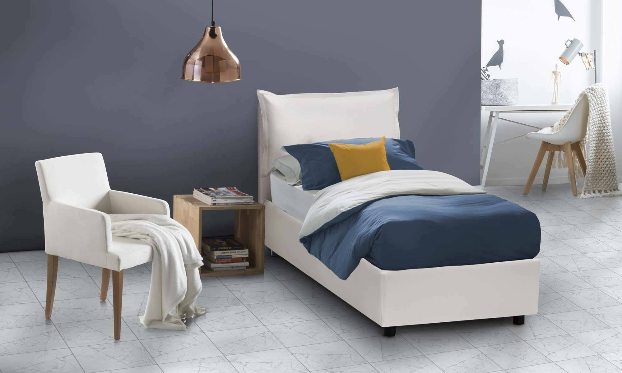 Letto singolo Assoreta, Letto contenitore con rivestimento in ecopelle, Made in Italy, Apertura frontale, con materasso cm 90x200 incluso, Bianco