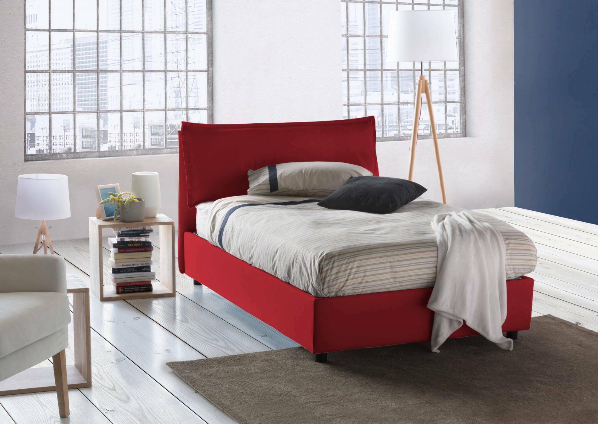 Letto piazza e mezza Abbygale, Letto contenitore con rivestimento in tessuto, Made in Italy, Apertura frontale, con materasso cm 120x200 incluso, Rosso