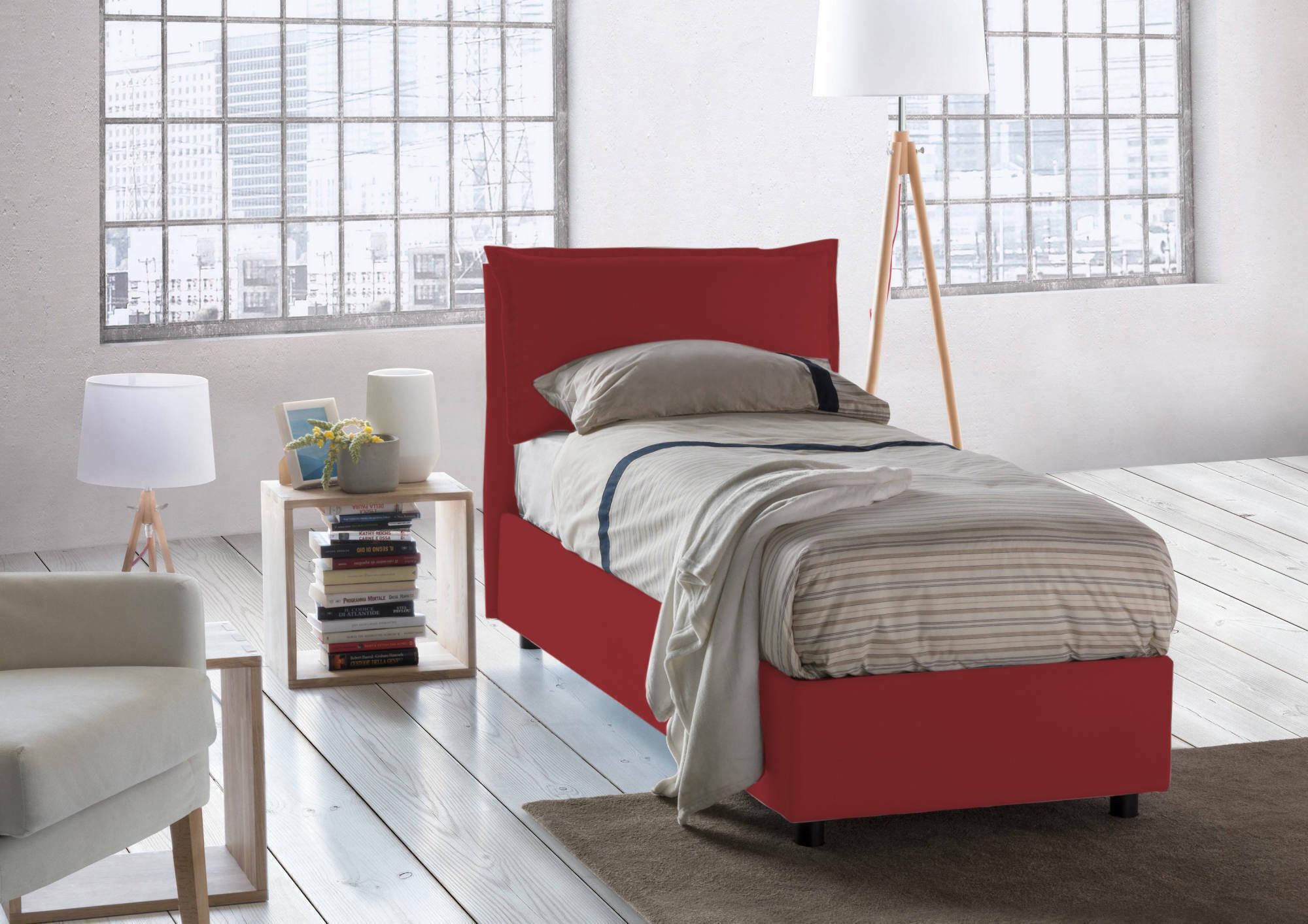 Letto singolo Ancara, Letto contenitore con rivestimento in tessuto, Made in Italy, Apertura frontale, con materasso cm 80x200 incluso, Rosso