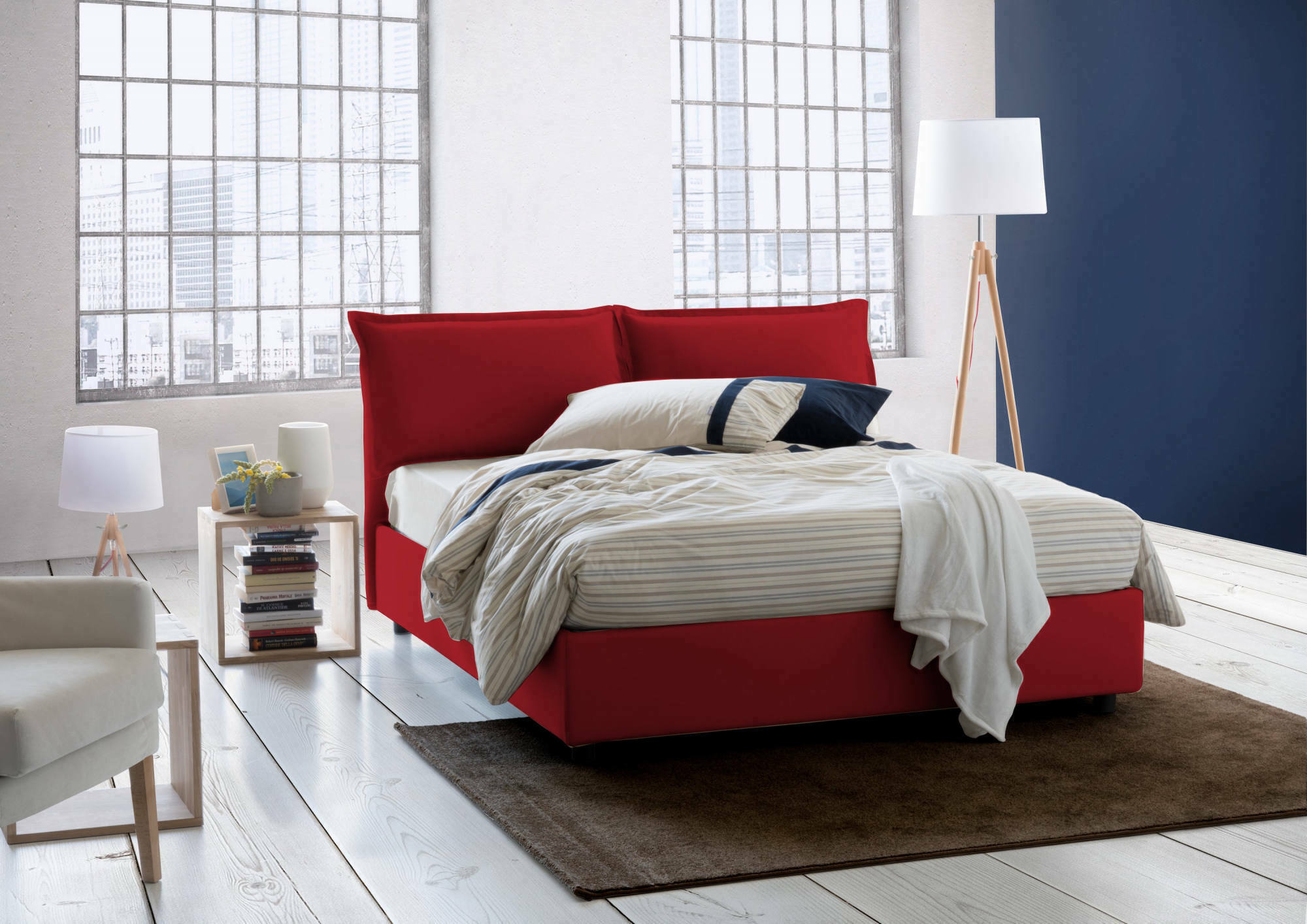 Letto matrimoniale Amelinda, Letto contenitore con rivestimento in tessuto, Made in Italy, Apertura frontale, con materasso cm 160x190 incluso, Rosso