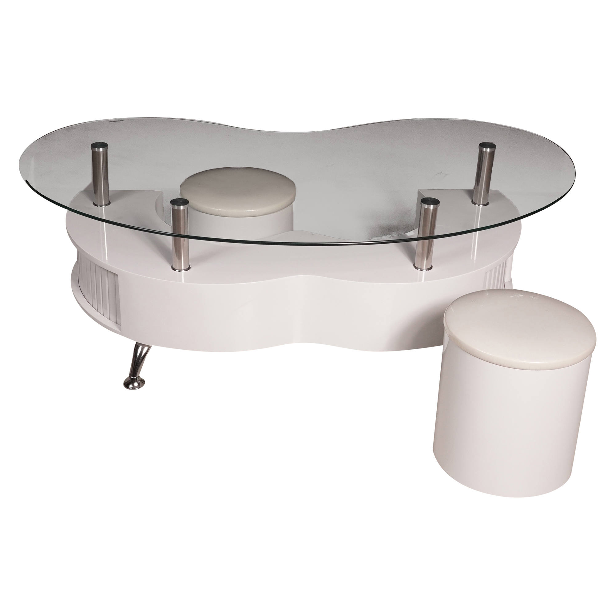 Tavolino da salotto 0, Tavolino da cafe moderno con pouf inclusi, Tavolo basso da salotto in metallo con ripiano in ventro, Cm 130x70h45, Bianco