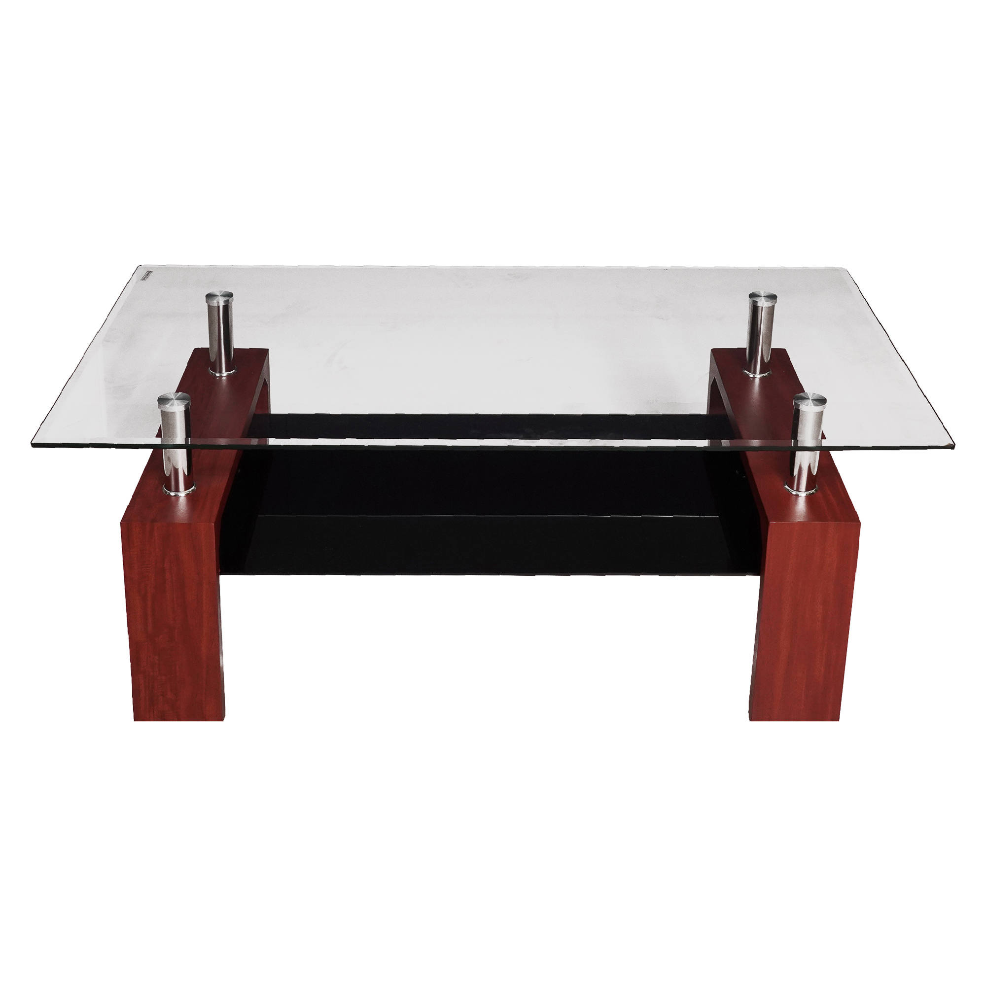 Tavolino da caffè moderno, piano in vetro temperato, Tavolino da salotto con ripiano, cm 110x60h45, colore Marrone