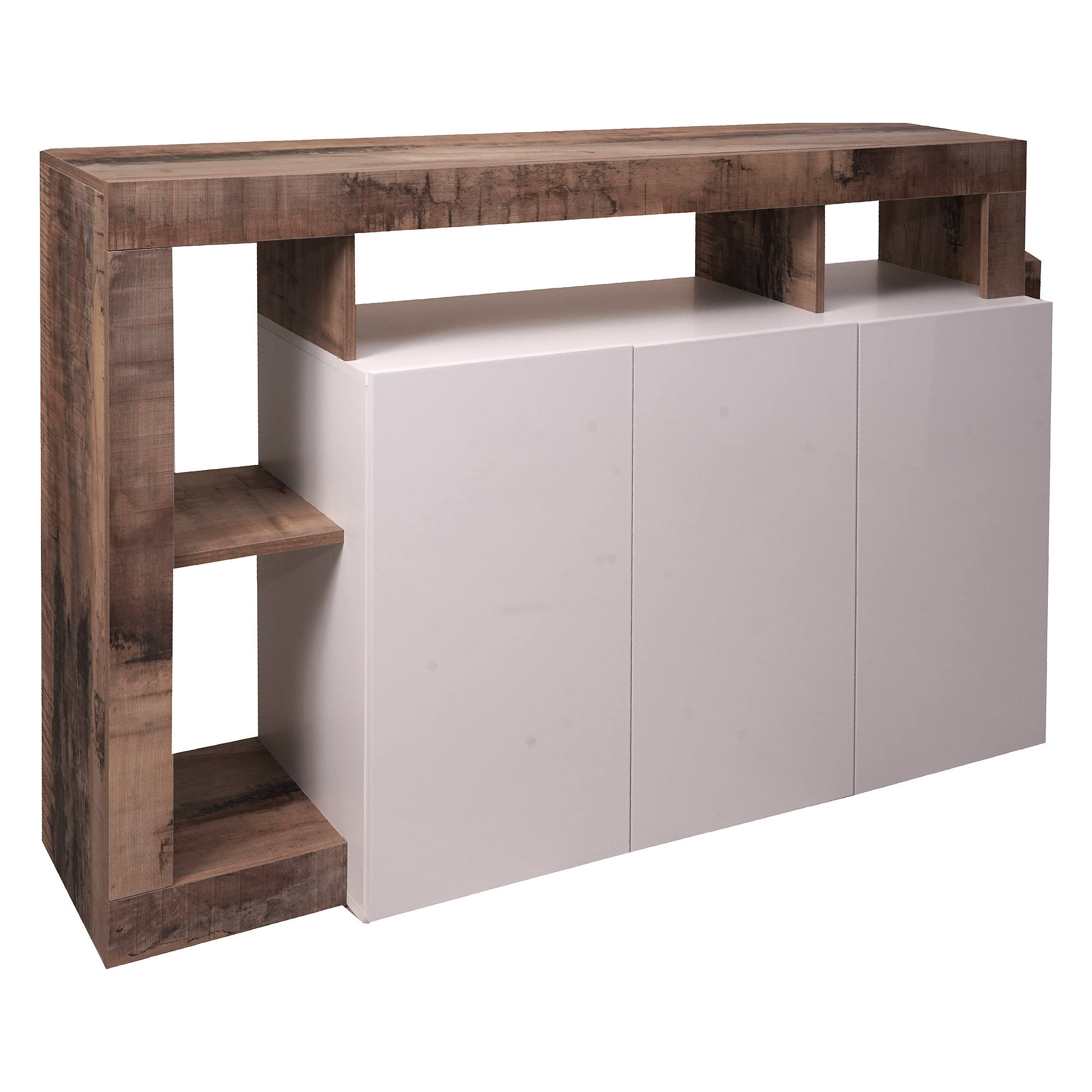 Credenza 0, Buffet moderno a 3 ante e vani a vista, Madia moderna, mobile da soggiorno porta TV, Made in Italy, Cm 146x62xh93, Bianco e Pero