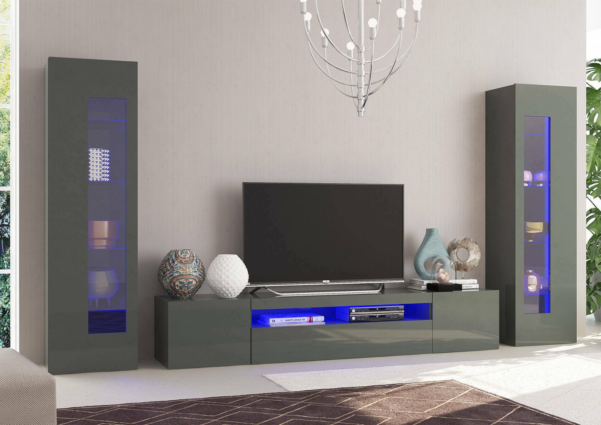 Parete attrezzata da soggiorno Aslhey, Made in Italy, Mobile porta TV, Set salotto moderno, cm 300x40h162, Antracite lucido, con luce LED blu