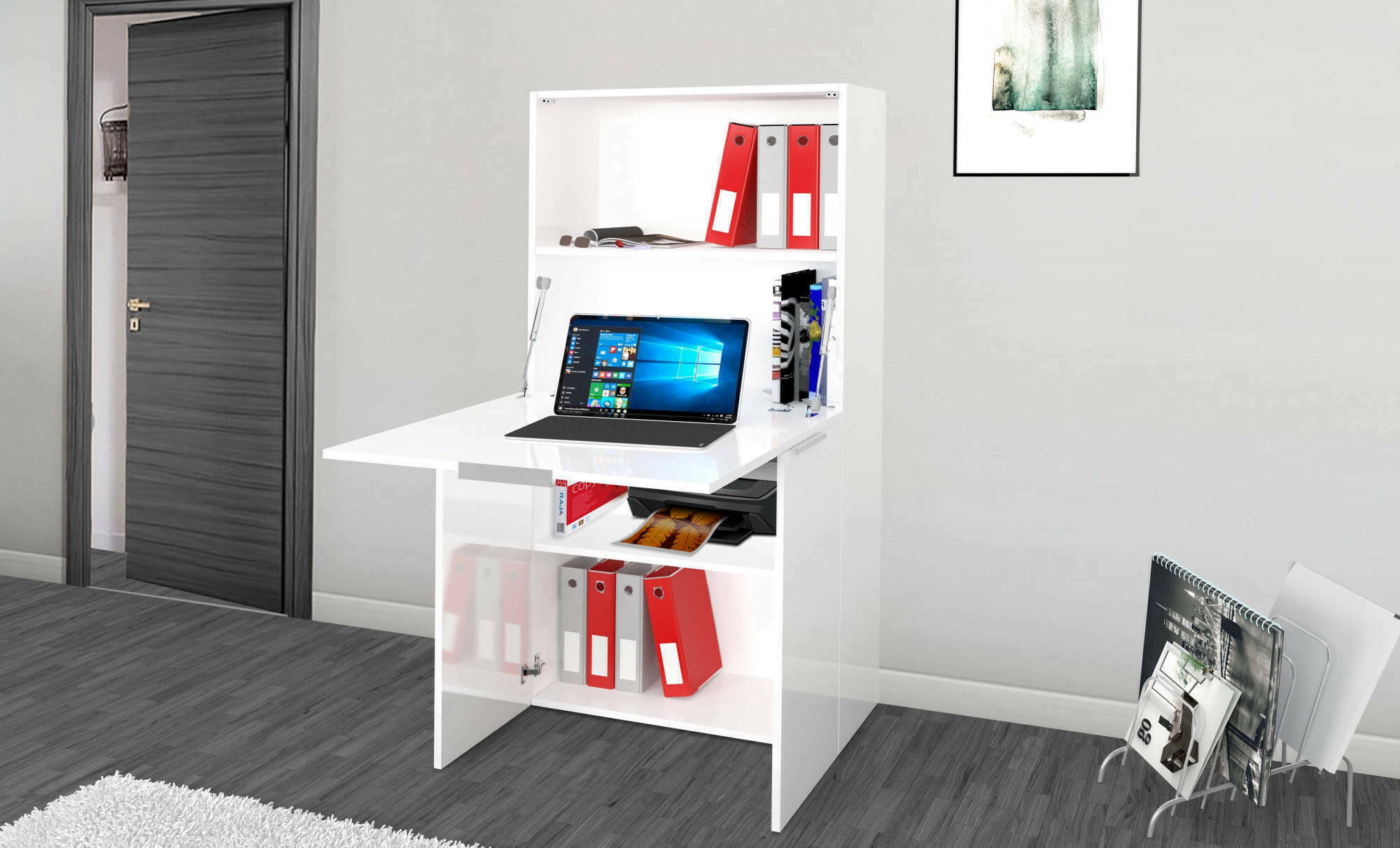 Scrivania con piano Atroc, Made in Italy, Mobile con scaffali e piano da lavoro, Armadio salvaspazio, cm 70x35h140, colore Bianco lucido