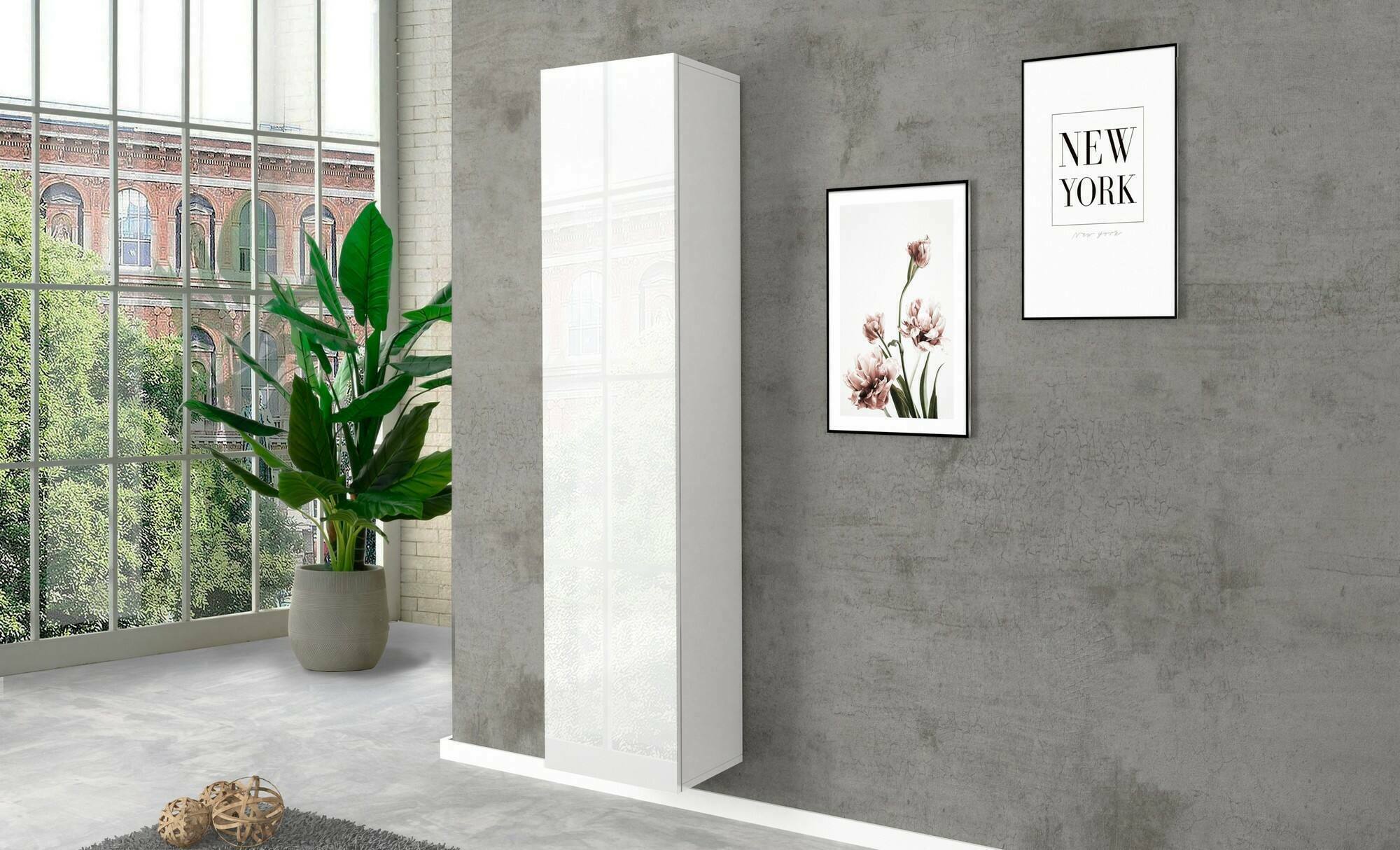 Colonna pensile a 1 Aquili, Made in Italy, Mobile moderno, Mobiletto multiuso con 1 Aquili e 4 ripiani, cm 40x30h180, colore Bianco lucido