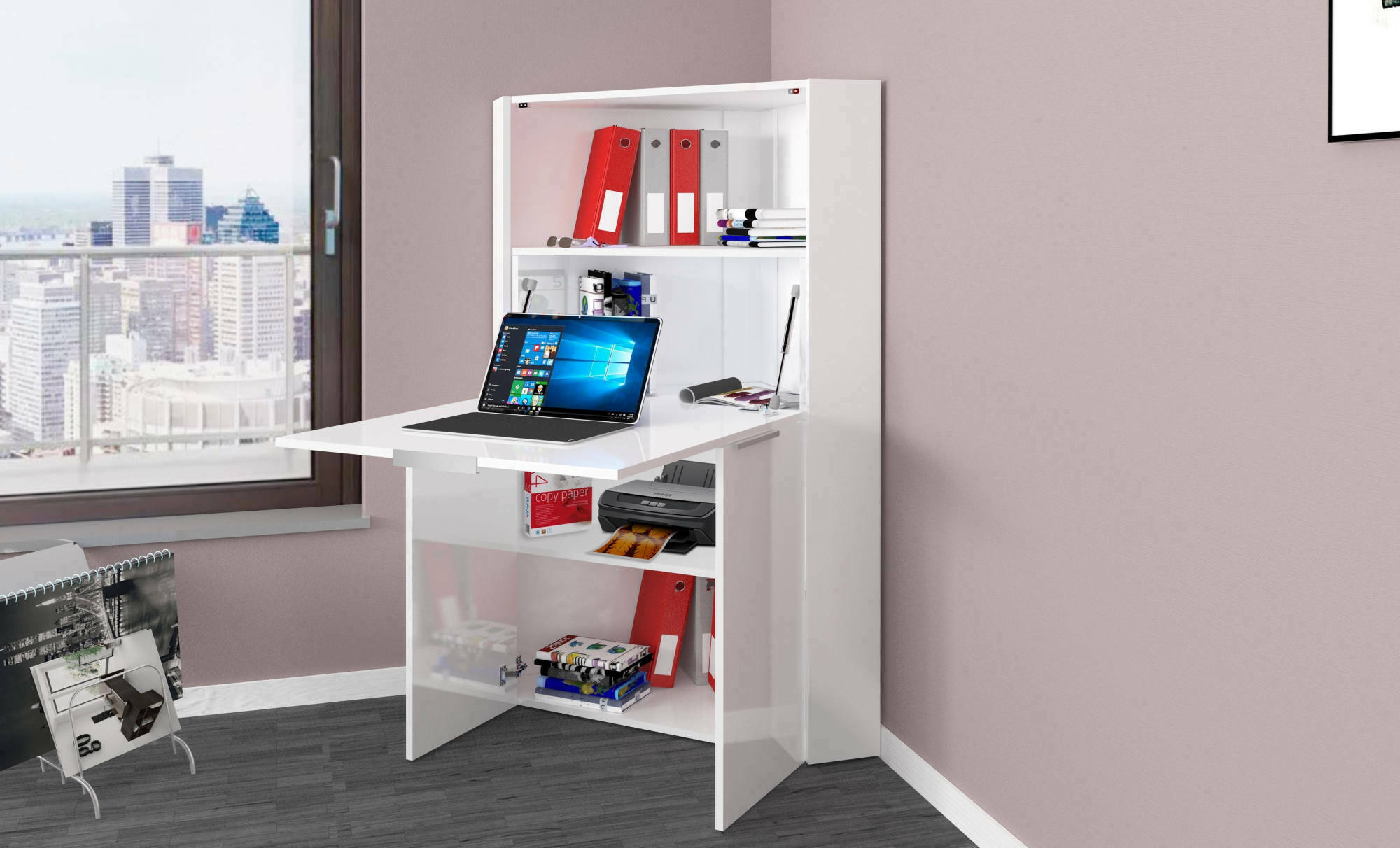 Scrivania ad angolo con piano Akiro, Made in Italy, Mobile con scaffali e piano da lavoro, Armadio salvaspazio, cm 70x57h140, colore Bianco lucido