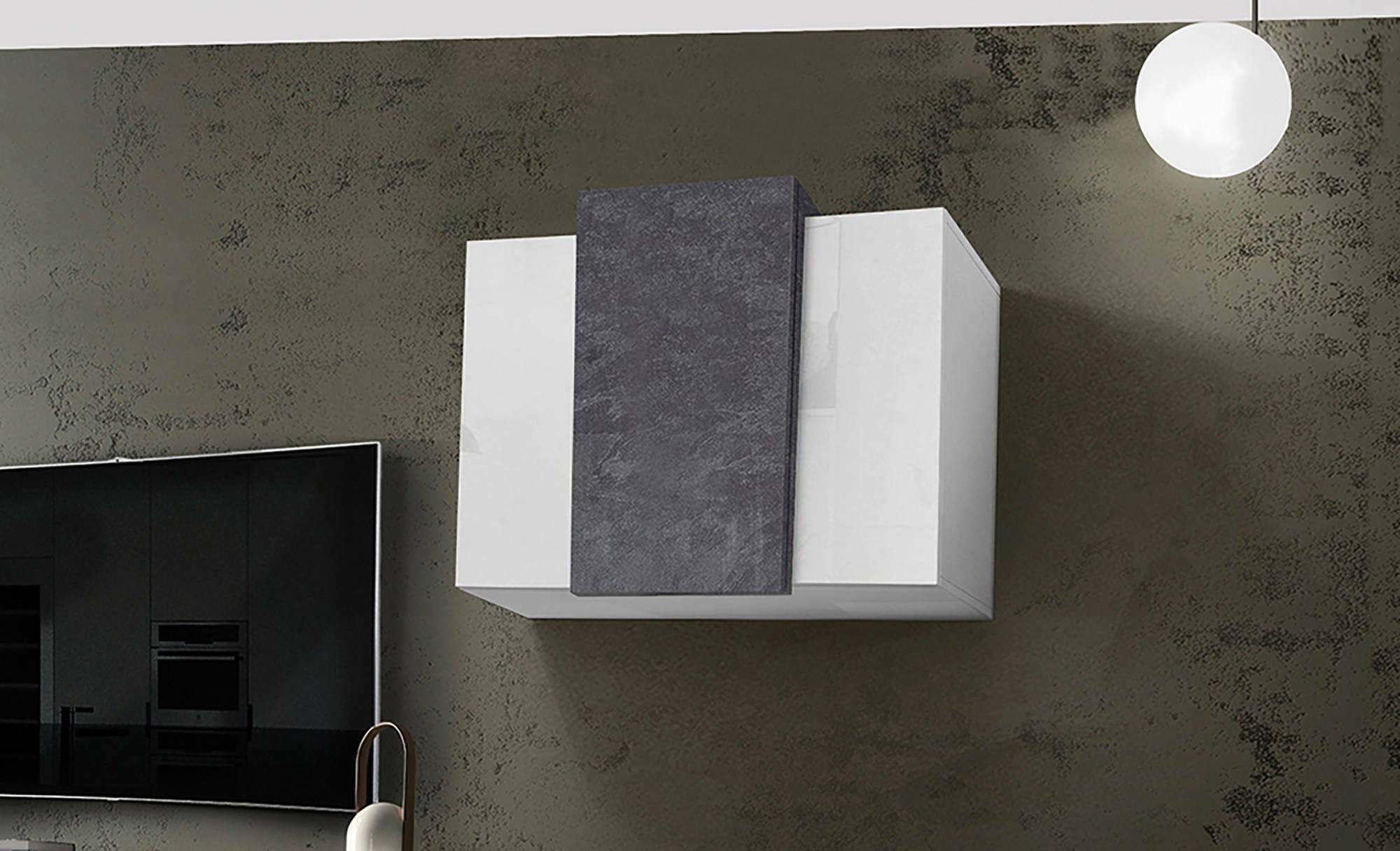 Pensile da Andras, Made in Italy, Mobile da soggiorno sospeso a 3 ante, cm 90x38h66, Bianco lucido e Grigio Cenere