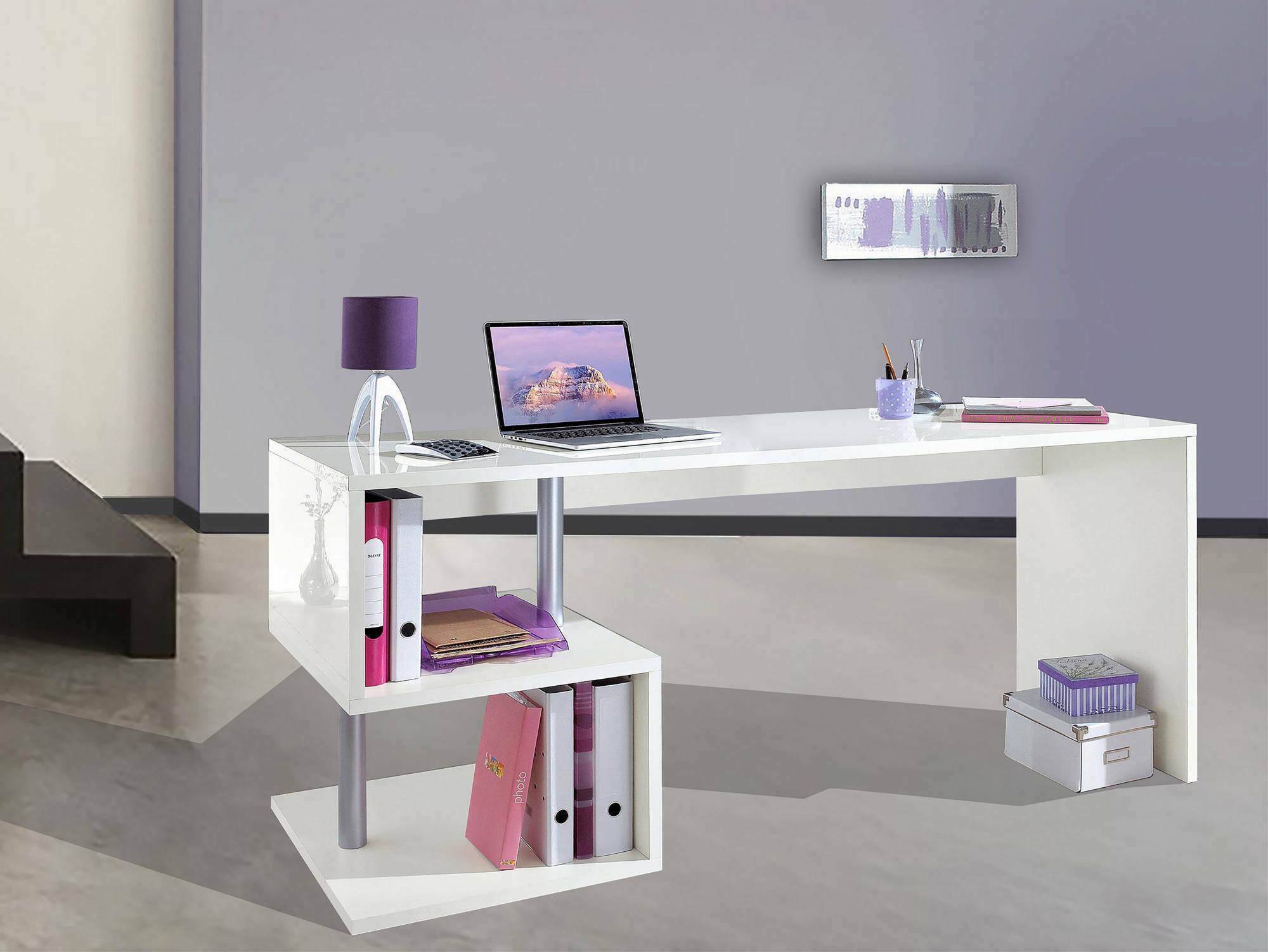 Scrivania moderna ad Esse per ufficio e studio con Poseidone, Made in Italy, Tavolo da computer, Scrittoio porta PC, cm 180x60h78, Bianco lucido