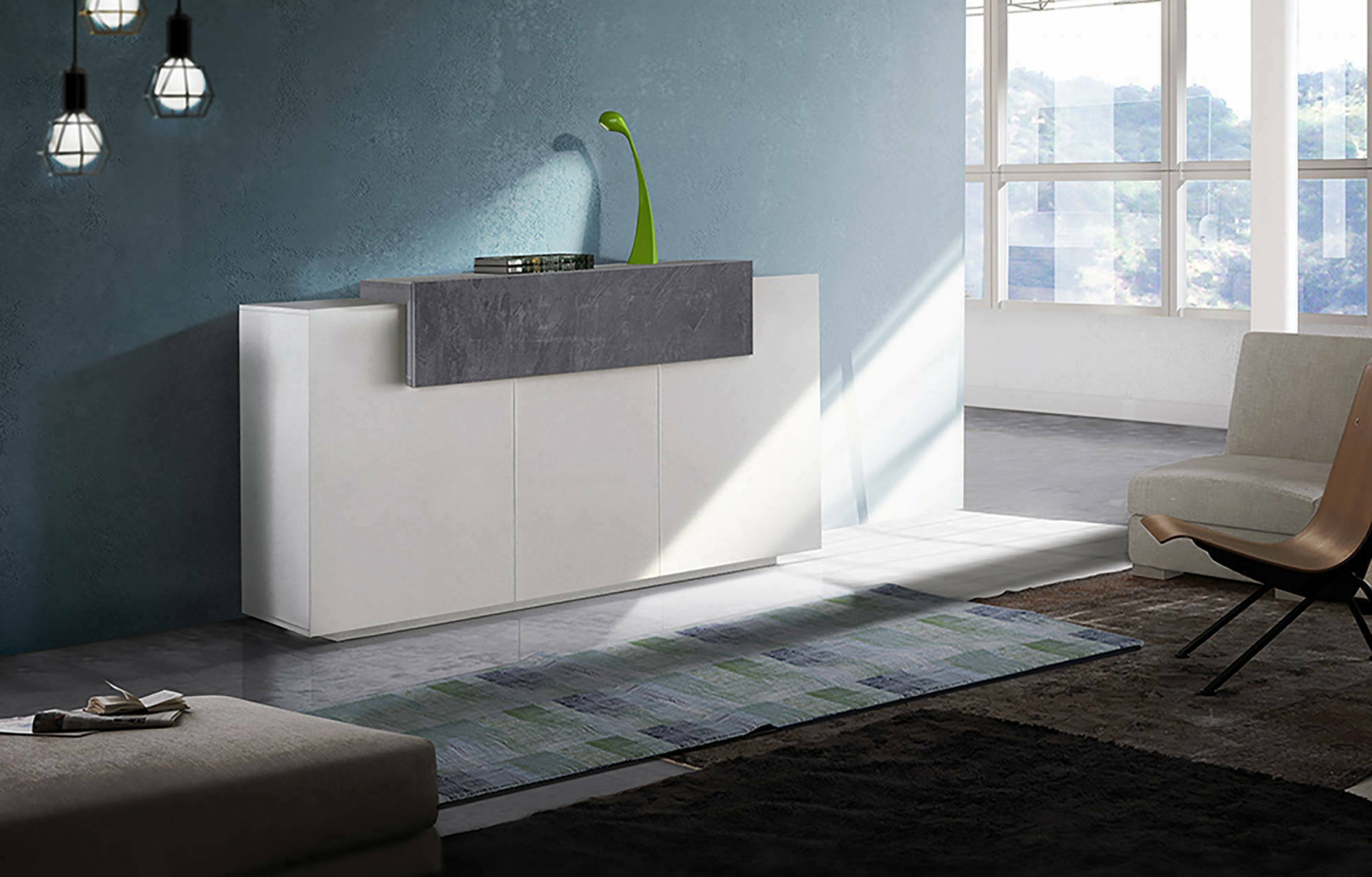 Credenza moderna a 4 ante con Aschly, Made in Italy, Madia da cucina, Buffet di design da soggiorno, cm 160x45h86, colore Bianco lucido e Grigio Cenere