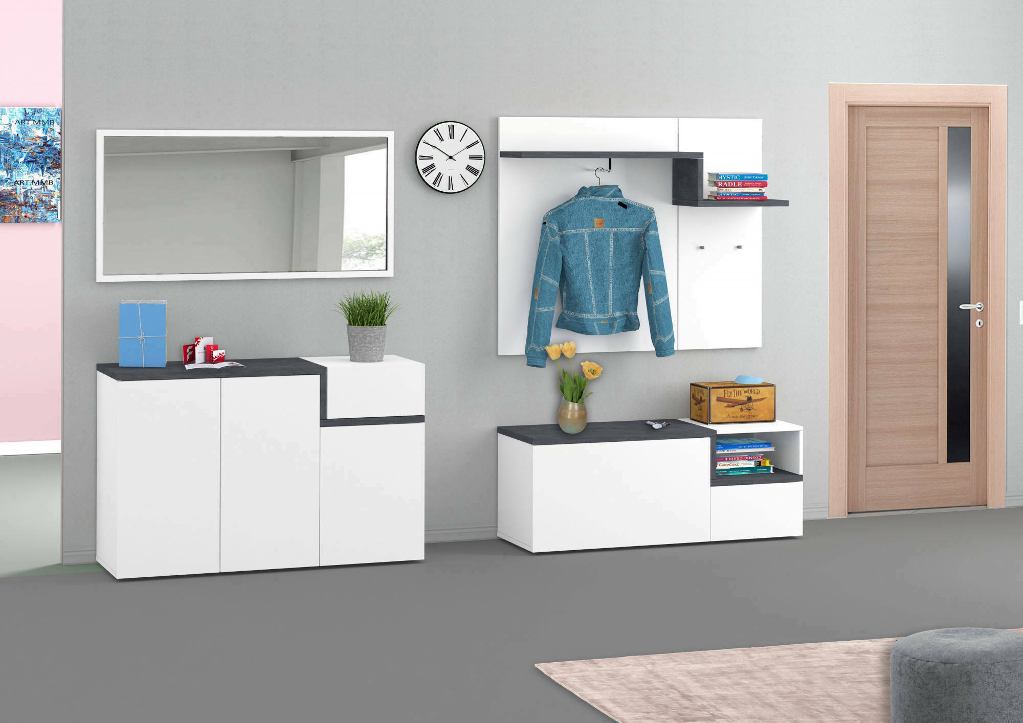Mobile da ingresso Graziella, Made in Italy, Entratina con appendiabiti e scarpiera, Porta TV, cm 120x40h54, Bianco lucido e Grigio Ardesia