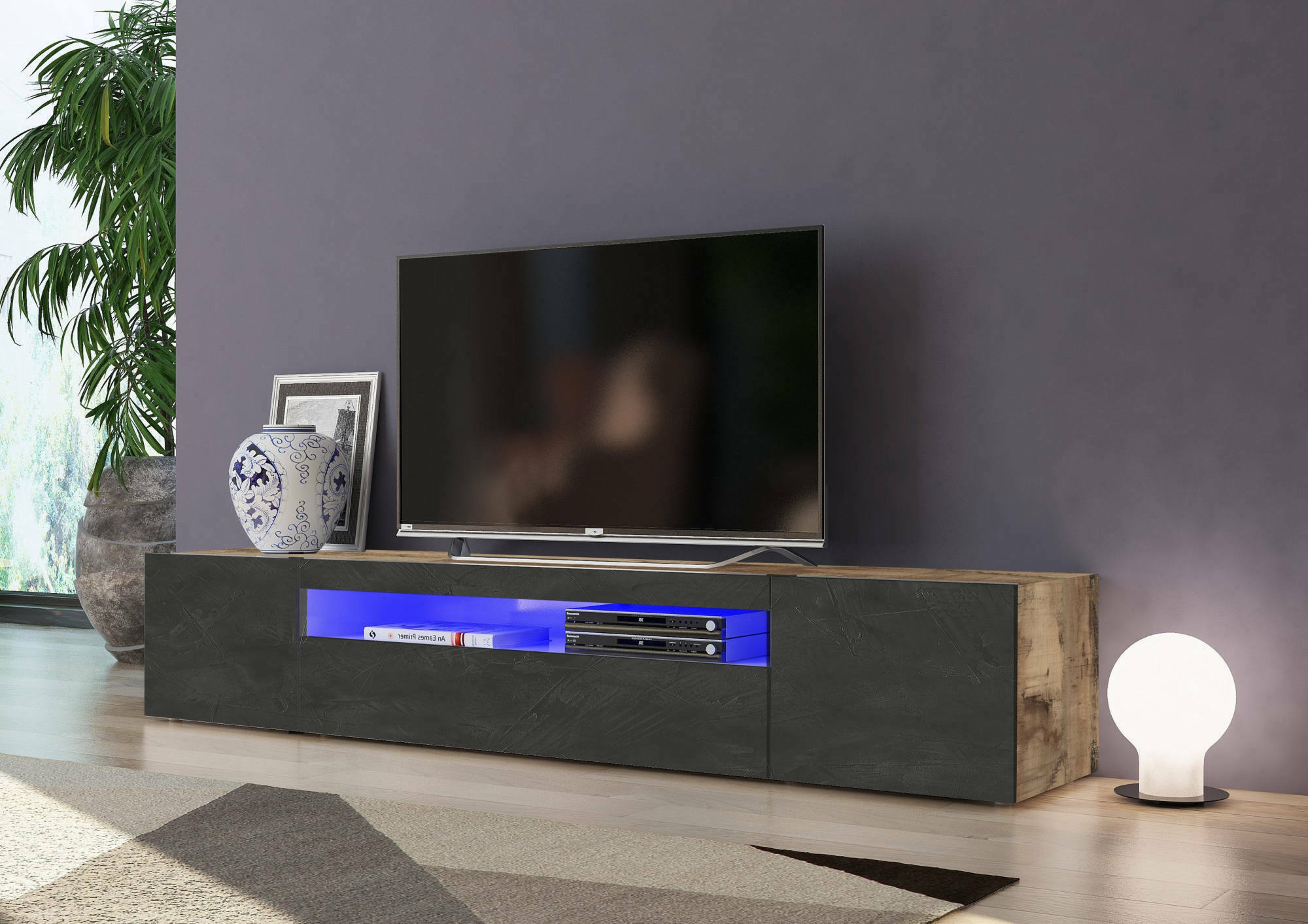 Mobile da soggiorno Porta Amore, Made in Italy, Supporto per Amore da salotto a 3 ante e ripiani, cm 200x40h37, Acero e Ardesia, con luce LED blu