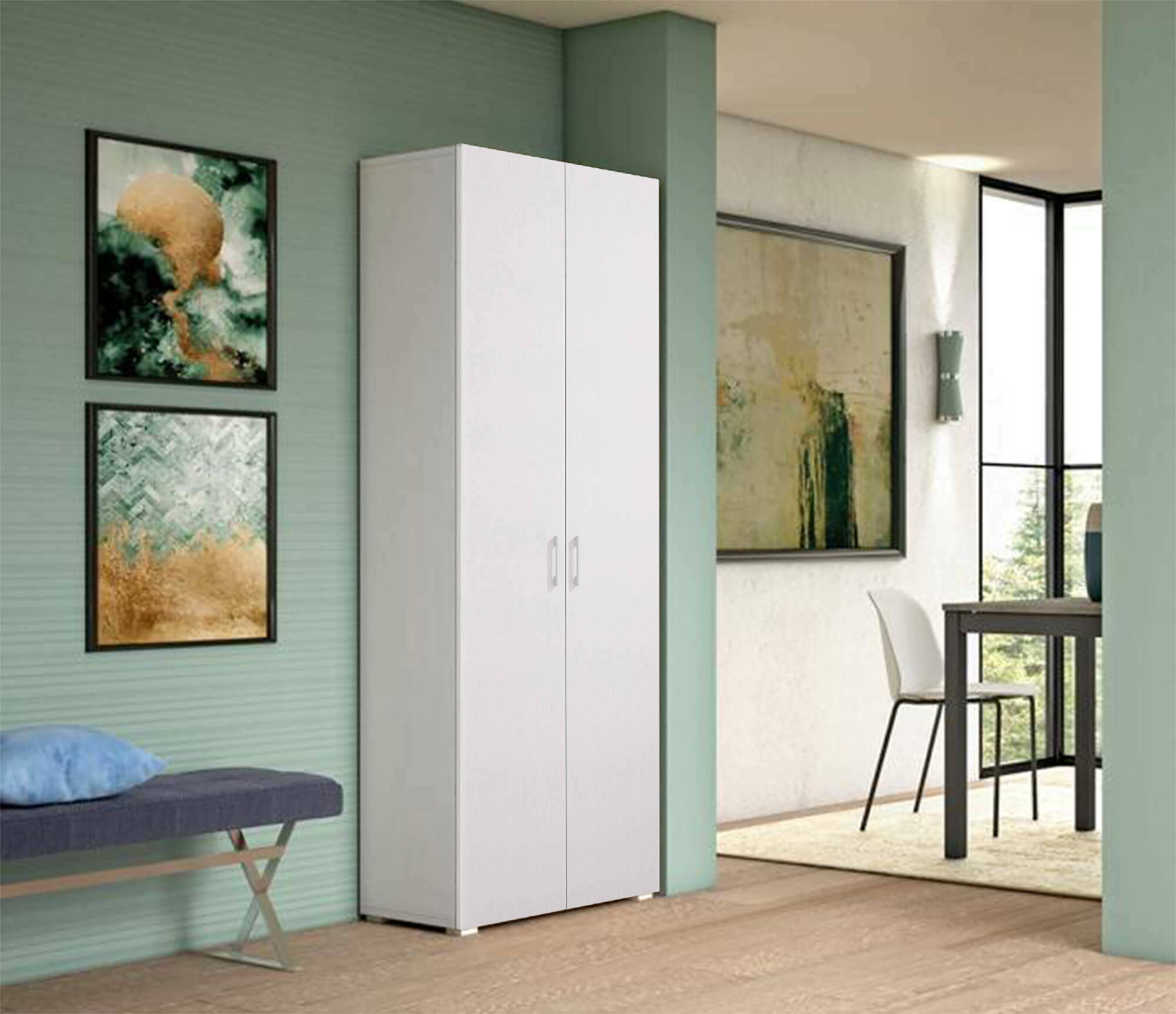 Armadio multiuso Angy, Mobile lineare a 2 Ante battenti, Guardaroba a 6 ripiani, Scarpiera moderna, Made in Italy, Cm 72x37h195, Bianco