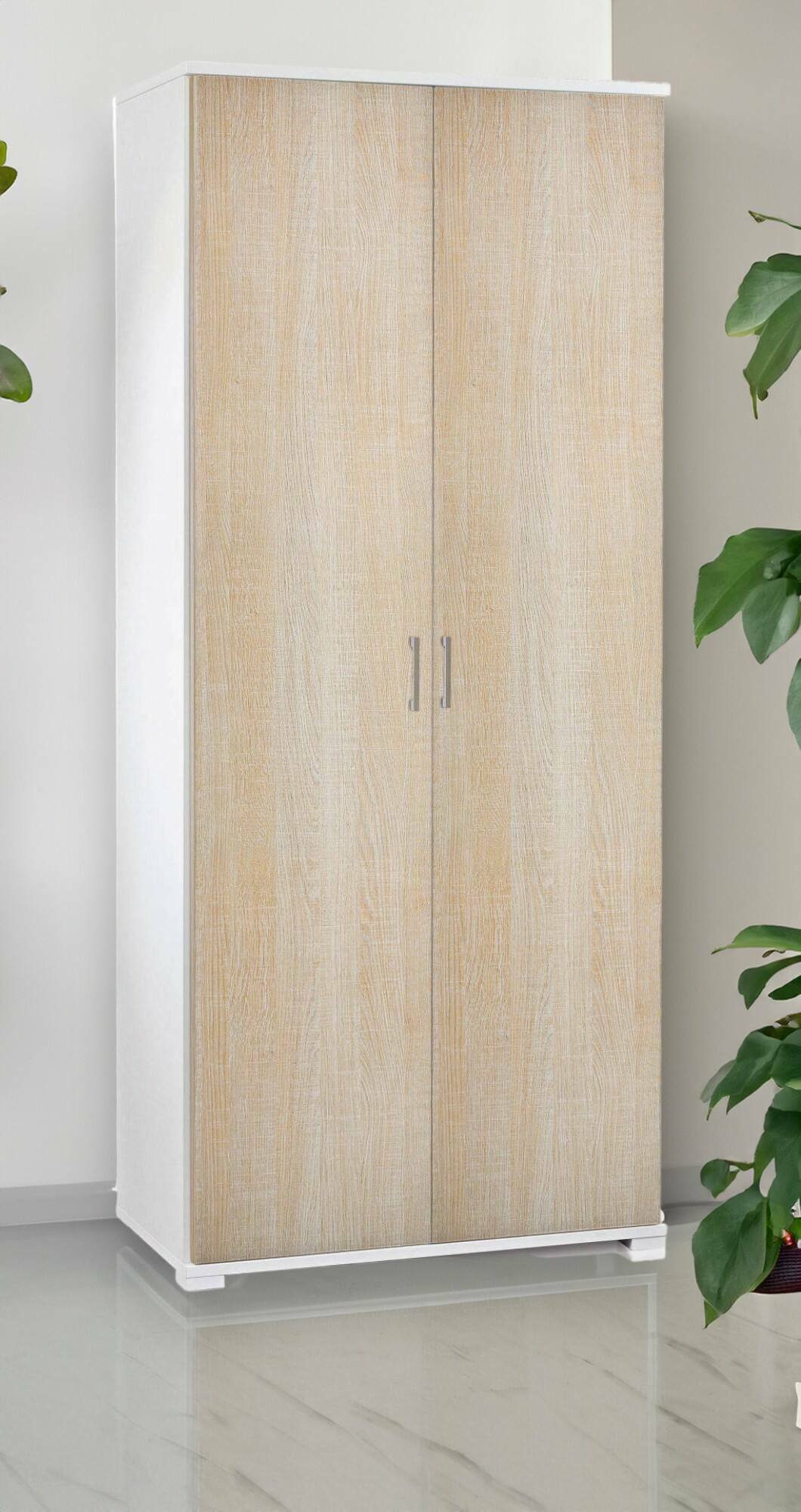 Armadio multiuso Aliosha, Mobile lineare a 2 Ante battenti, Guardaroba a 4 ripiani regolabili, Scarpiera moderna, Made in Italy, Cm 90x45h195, Rovere e Bianco