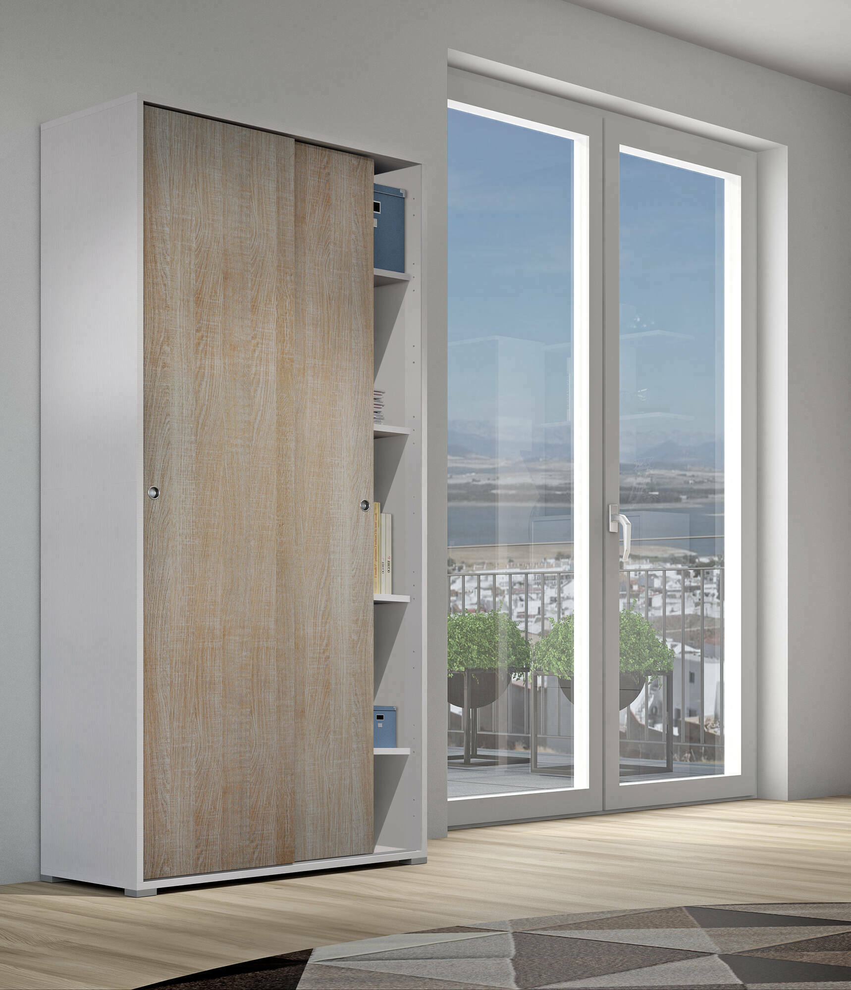 Guardaroba Alaysia, Armadio a 2 ante scorrevoli e 4 ripiani, Mobile moderno multiuso per camera da letto, Made in Italy, Cm 90x45h195, Rovere e Bianco