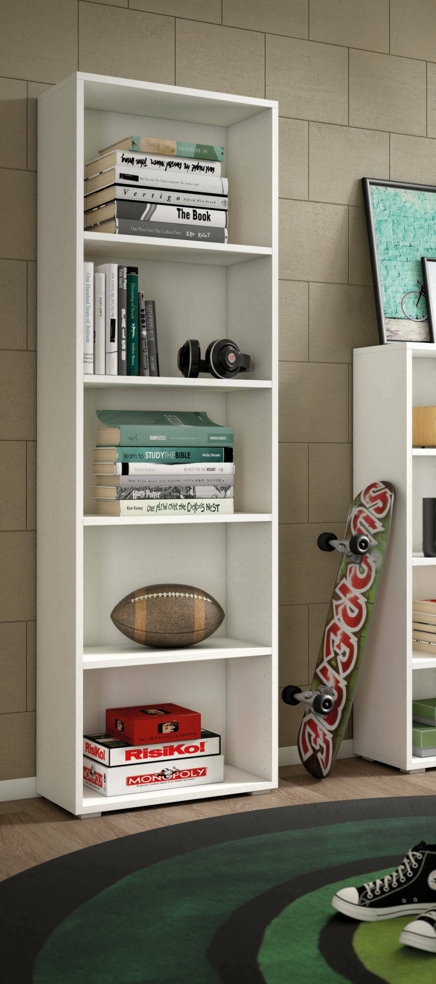 Libreria Allevien, Biblioteca a 4 ripiani regolabili, Scaffale per libri, Mobile da parete con ripiani, Made in Italy, Cm 60x30h195, Bianco